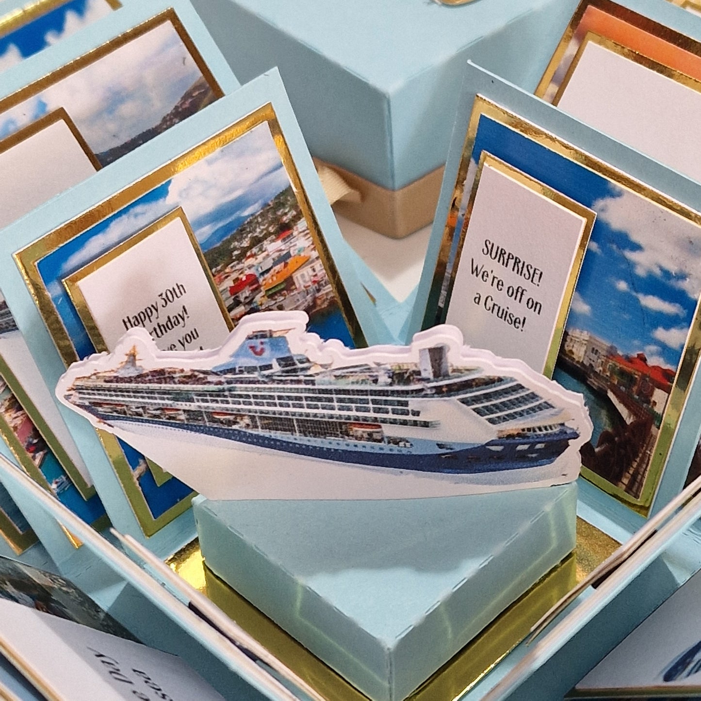 New York - Black & Gold - Surprise Special Occasion | Celebration Trip Reveal Explosion Box features a freestanding Statue of Liberty, New York skyline, and cleverly designed panels for a unique surprise experience.