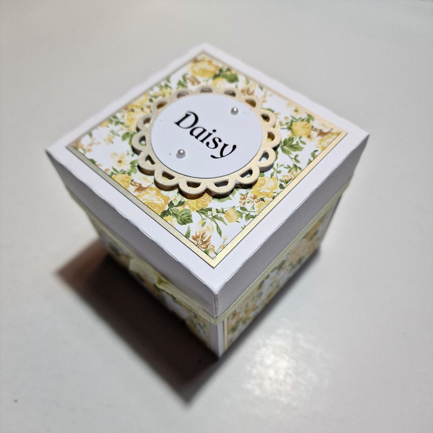 21st Birthday Celebration Occasion Box ~ Yellow Roses, a handcrafted gift box adorned with elegant flowers and foliage, featuring pastel yellow rose-patterned panels and coordinating cards with heartfelt messages.