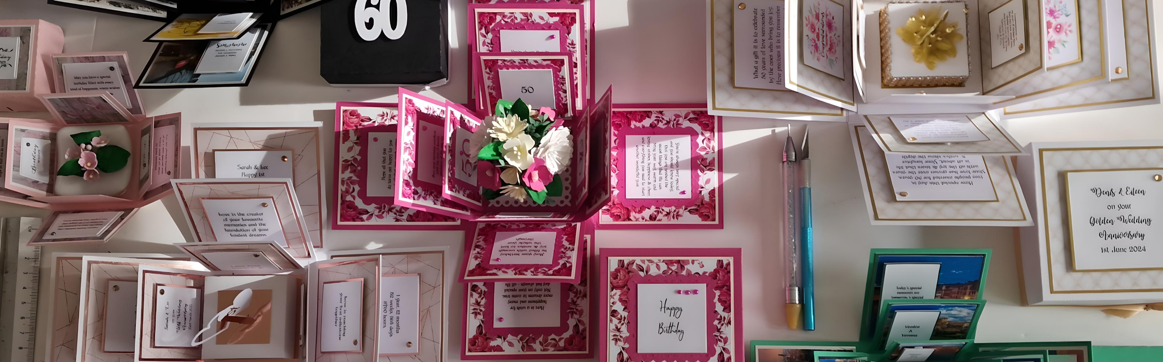 a lay out of several exploding boxes in different sizes and colors