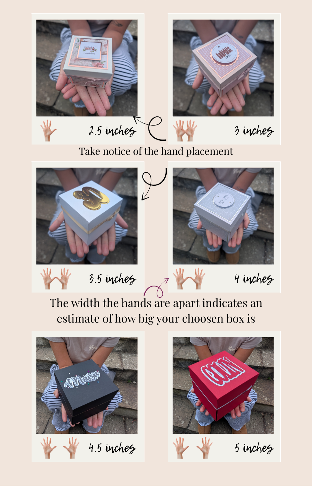 Illustration showing how to estimate box sizes using hand placement