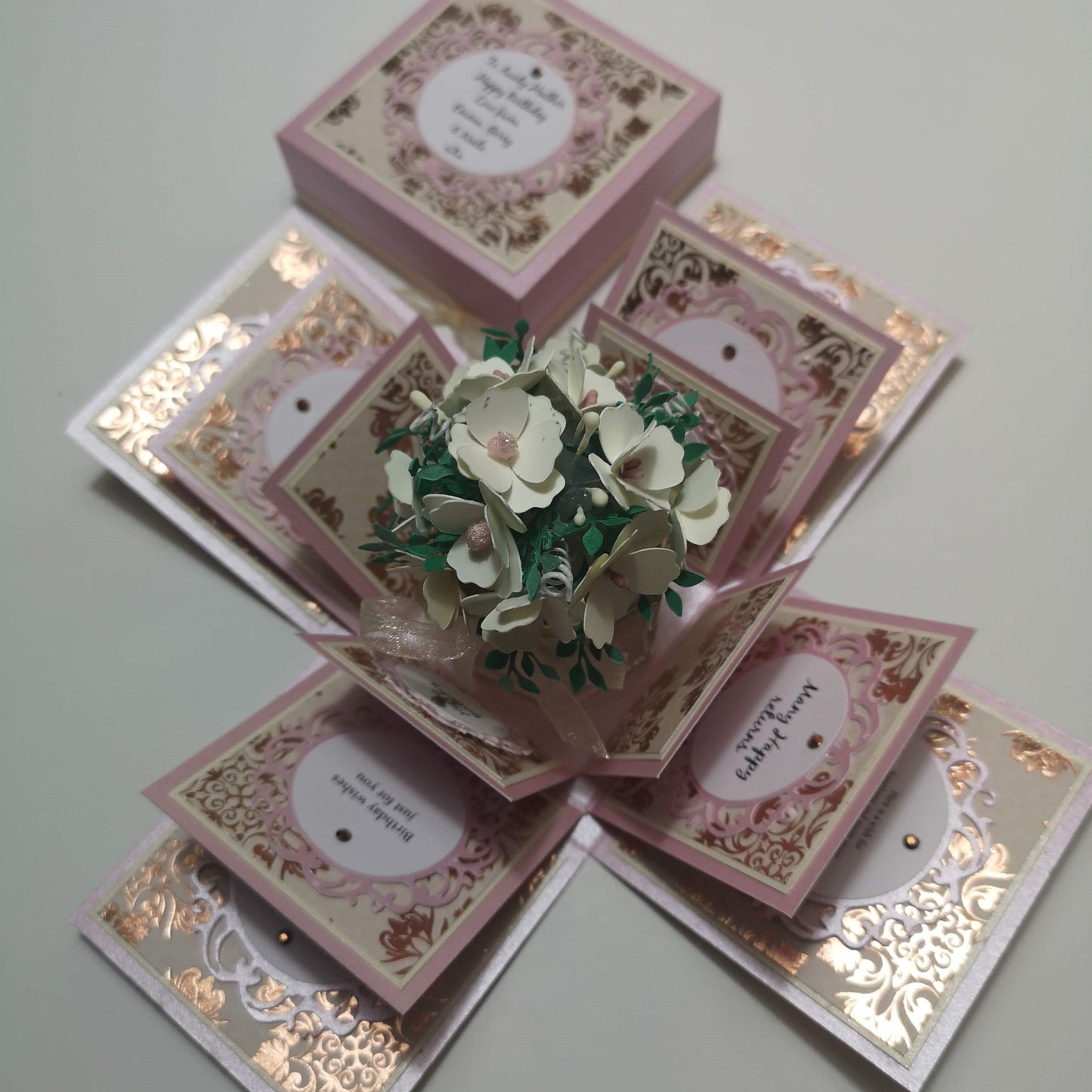 Custom Designed Birthday Celebration Pop-Open Box Card featuring intricate fold-out panels and festive decorations, ready for personal photos. Perfect for a unique, memorable birthday surprise.