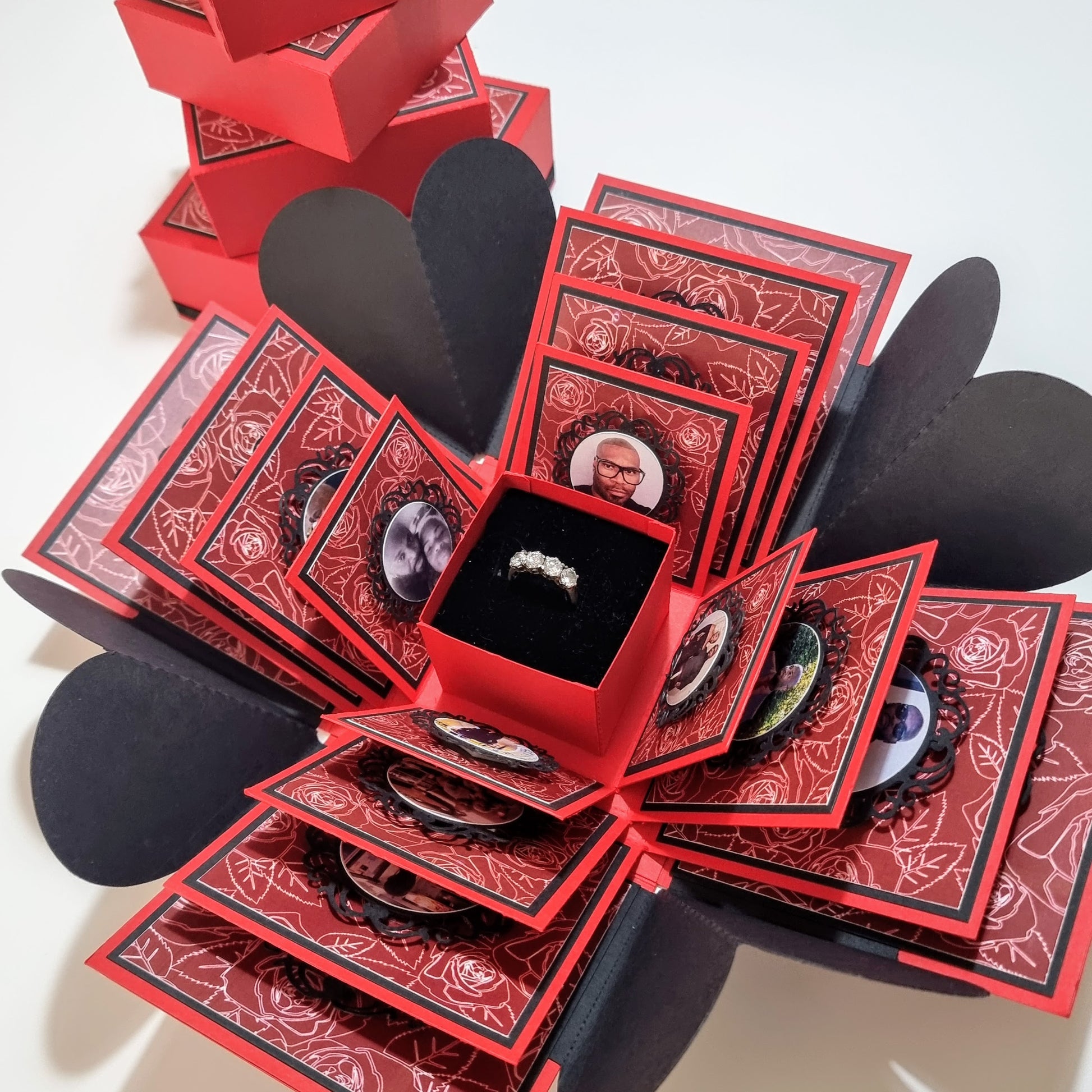 Red and Black Hearts and Roses Proposal Ring and photo box - will you marry me
