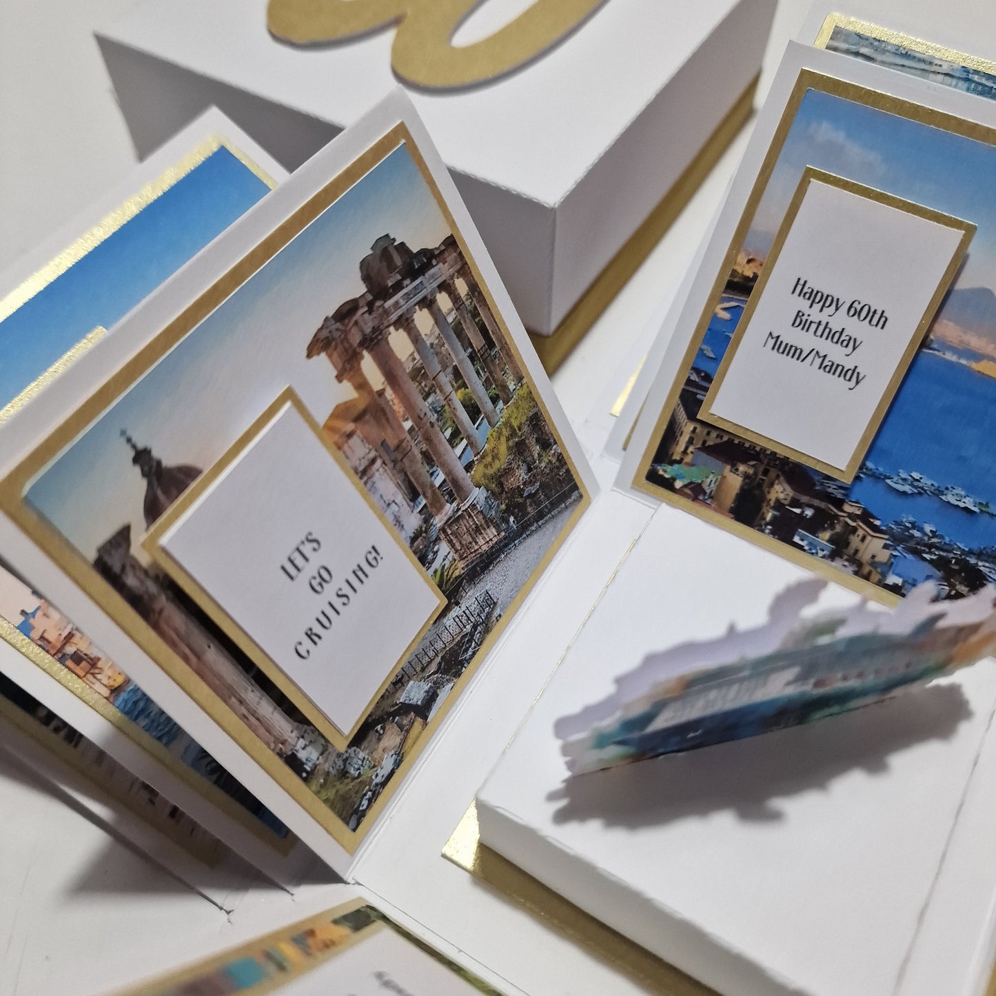New York - Black & Gold - Surprise Special Occasion | Celebration Trip Reveal Explosion Box featuring intricate New York-themed designs with a freestanding Statue of Liberty and skyline details, perfect for personalized celebrations.