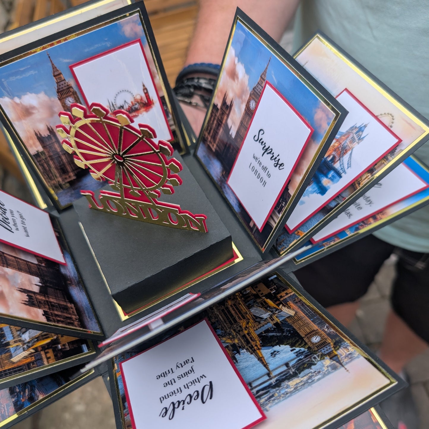 London - Special Occasion | Celebration Trip Reveal Explosion Box featuring a 3D London Eye centerpiece and landmark photo panels, creatively announcing a surprise London trip with mounted message cards.
