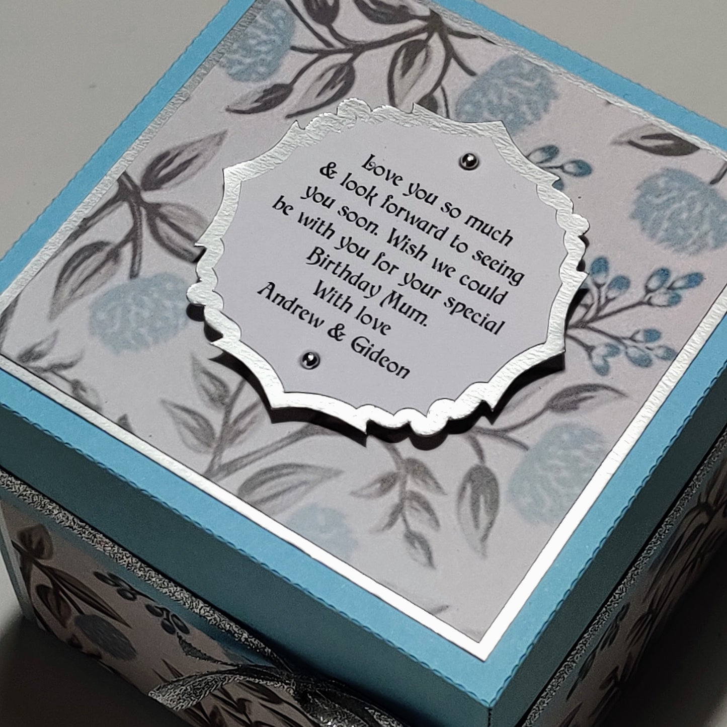 Pastel Blue Florals Birthday Celebration Pop-Open Box Card featuring intricate floral designs, perfect for adding a surprise element to birthday celebrations. Compact and elegant, designed for UK delivery.