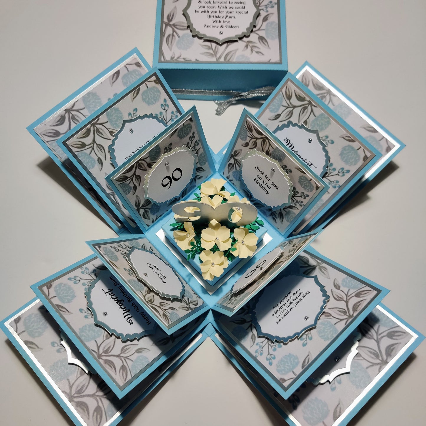 Pastel Blue Florals Birthday Celebration Pop-Open Box Card featuring intricate floral patterns, with compartments designed to hold up to four photos, intended for special birthday moments and celebrations.