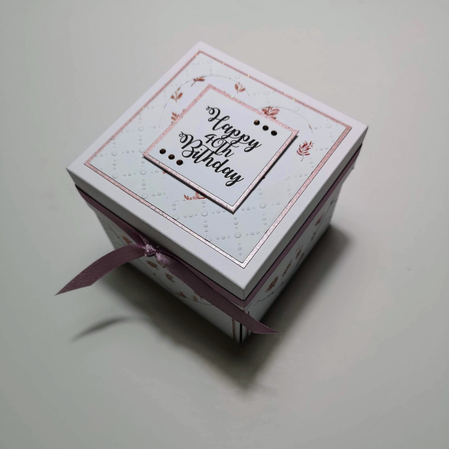 Exploding Memory Photo Box - Blush Pink Autumn Fall: A box with layered panels, autumn leaf motifs, and a 3D 40 centerpiece, designed for displaying photos and personal messages.