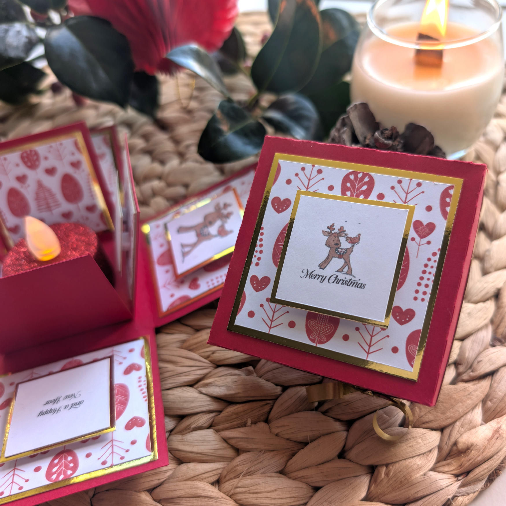 Rudy the Reindeer Exploding Christmas Box Card unfolds into festive panels featuring a cute reindeer and Merry Christmas message, perfect for sharing holiday cheer.