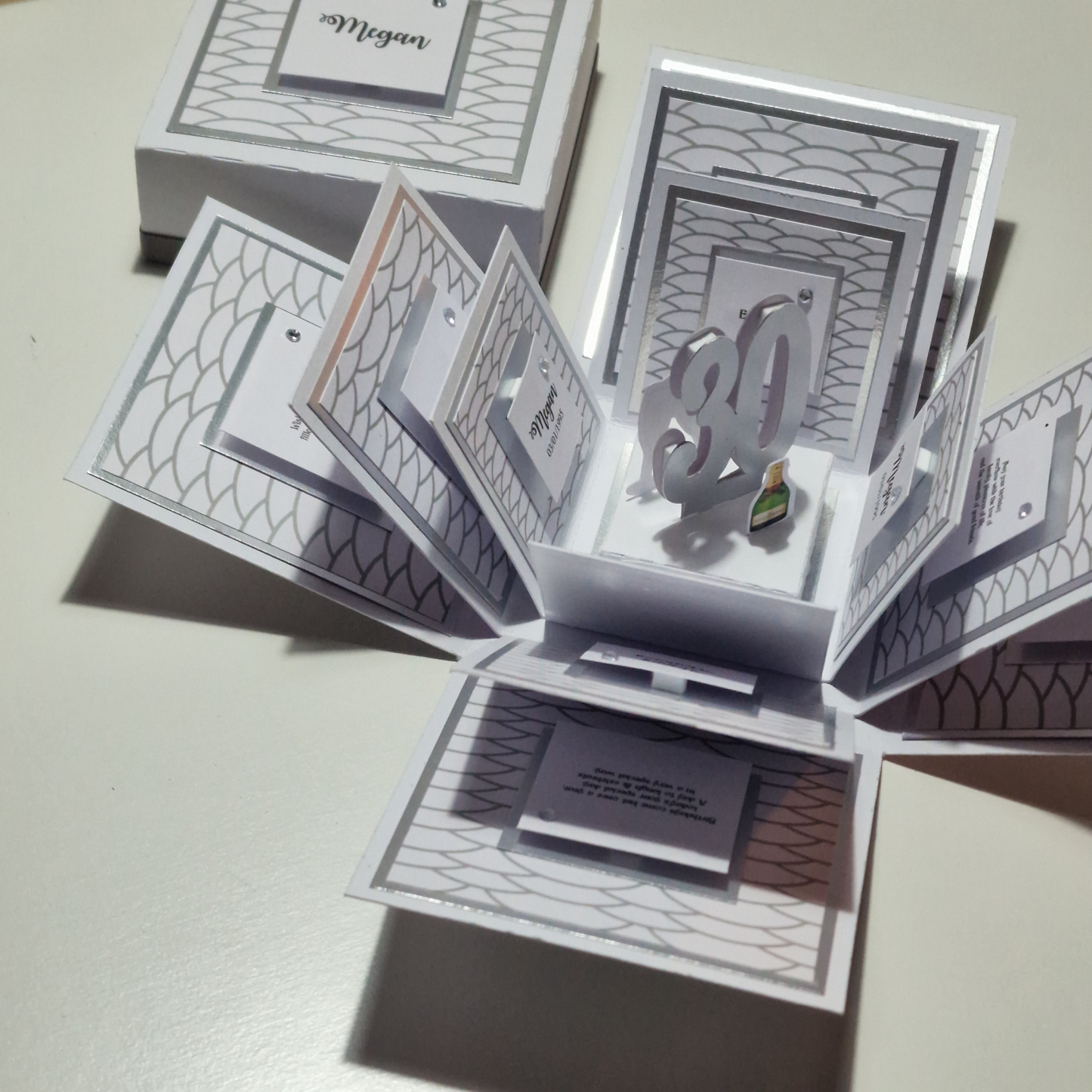 White Silver Wave Scallops Birthday Celebration Pop-Open Box Card featuring intricate wave scallop designs, showcasing an elegant and festive presentation, perfect for celebrating birthdays uniquely.