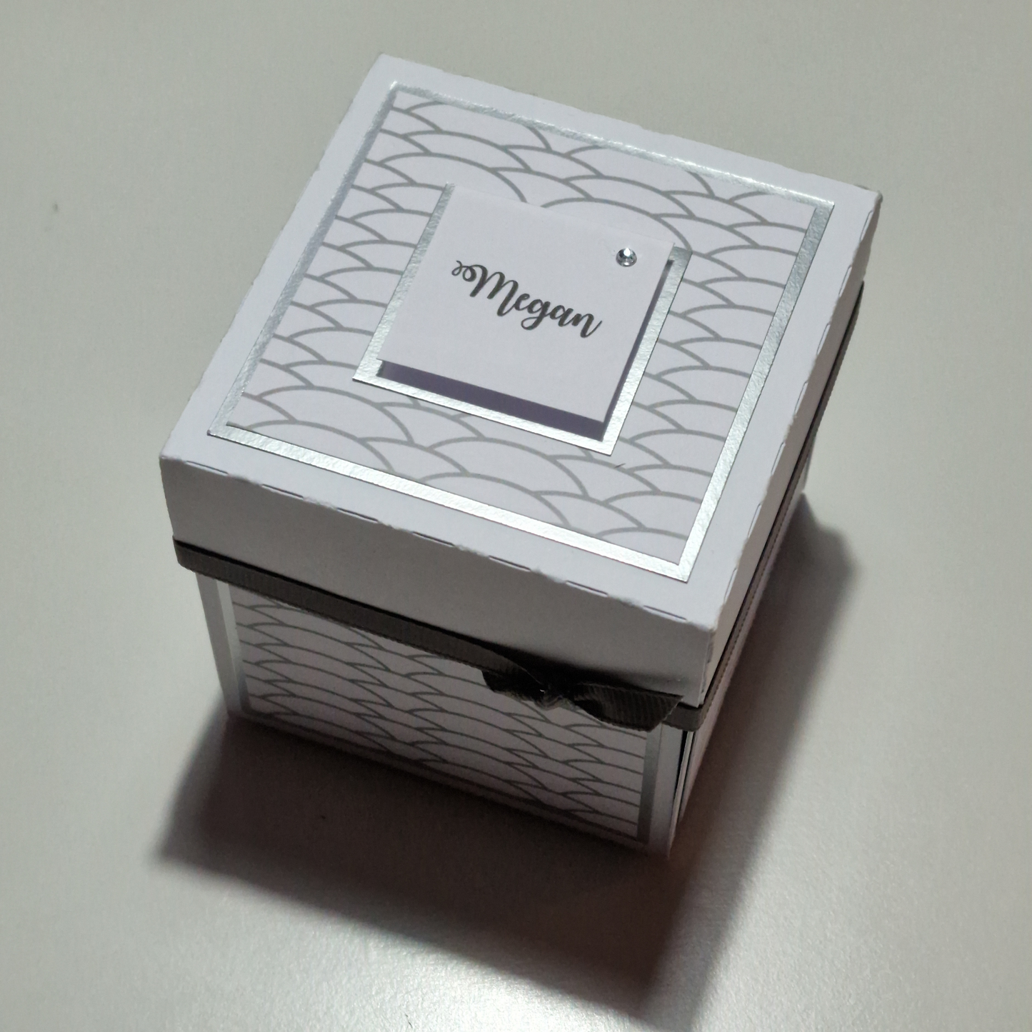 White Silver Wave Scallops Birthday Celebration Pop-Open Box Card with intricate wave and scallop patterns, designed to delight upon opening, ideal for birthdays with a unique pop-open feature.