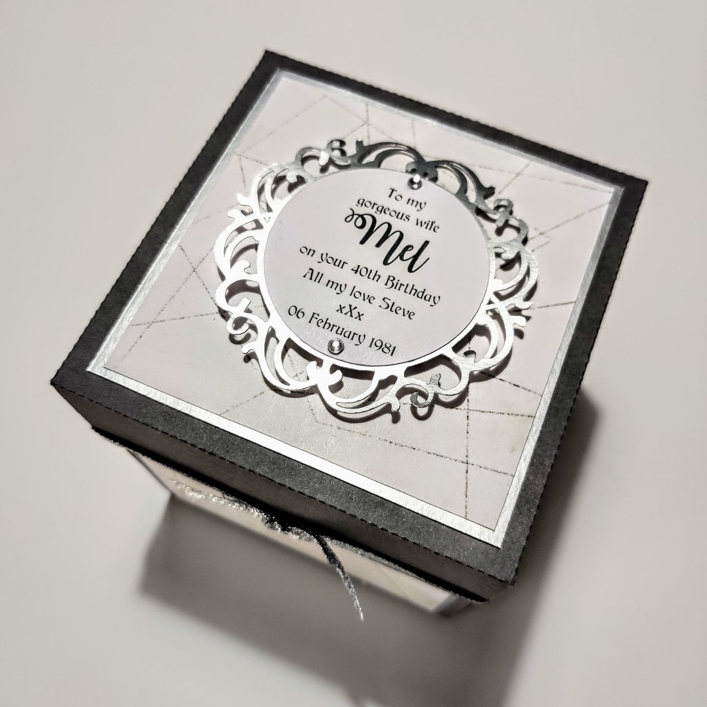 Grey & Silver Geometrics Birthday Celebration Pop-Open Box Card, featuring intricate geometric designs, pops open to reveal a festive arrangement suitable for birthdays, delivered via RM Tracked 48 within the UK.