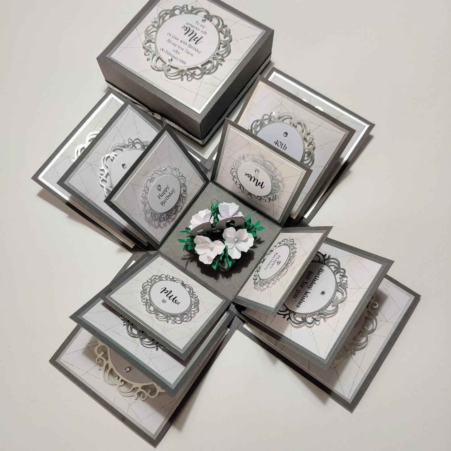 Grey & Silver Geometrics Birthday Celebration Pop-Open Box Card featuring intricate geometric patterns designed to pop open, offering a unique celebratory experience for birthdays.
