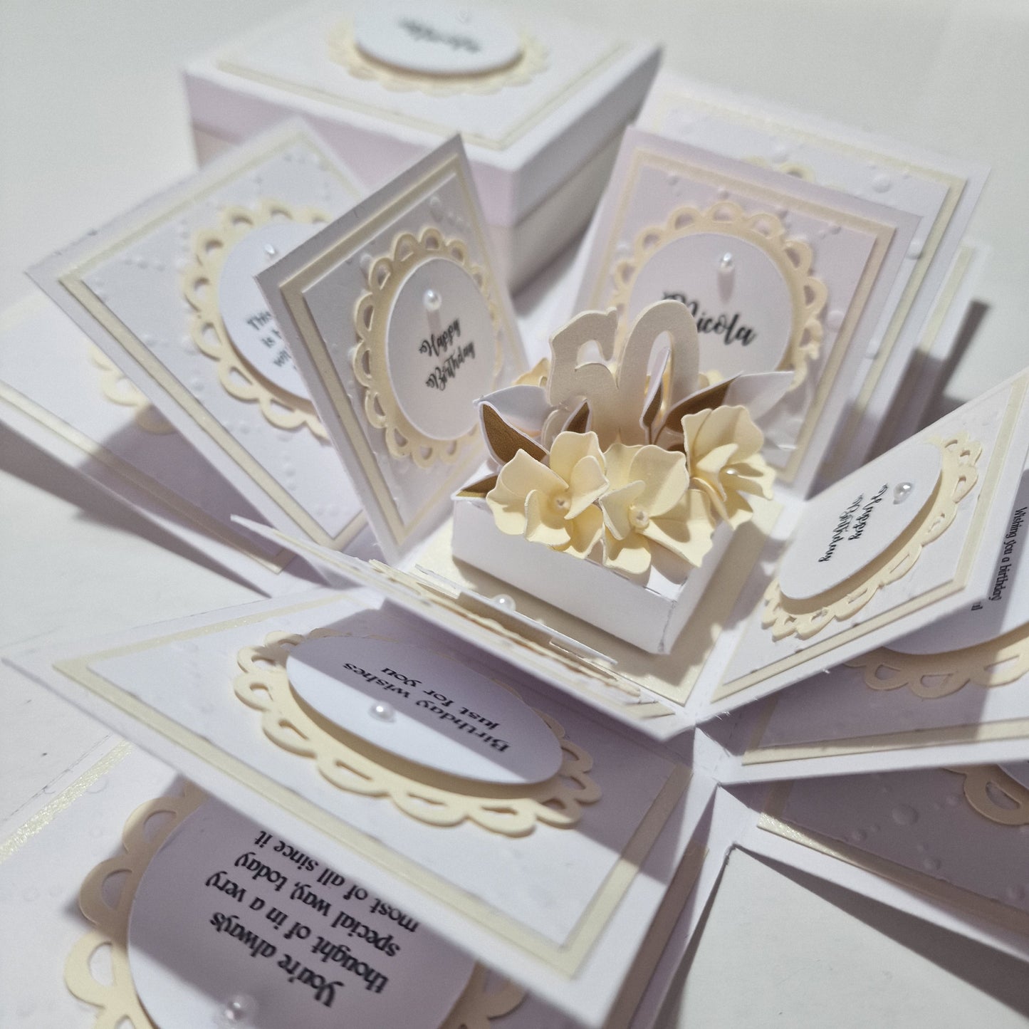 Embossed Elegance Birthday Celebration Pop-Open Box Card featuring intricate embossed patterns, designed to reveal a festive surprise inside. Ideal for adding a touch of sophistication to birthday greetings.
