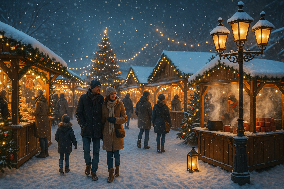 couple walking arm in arm through a christmas market