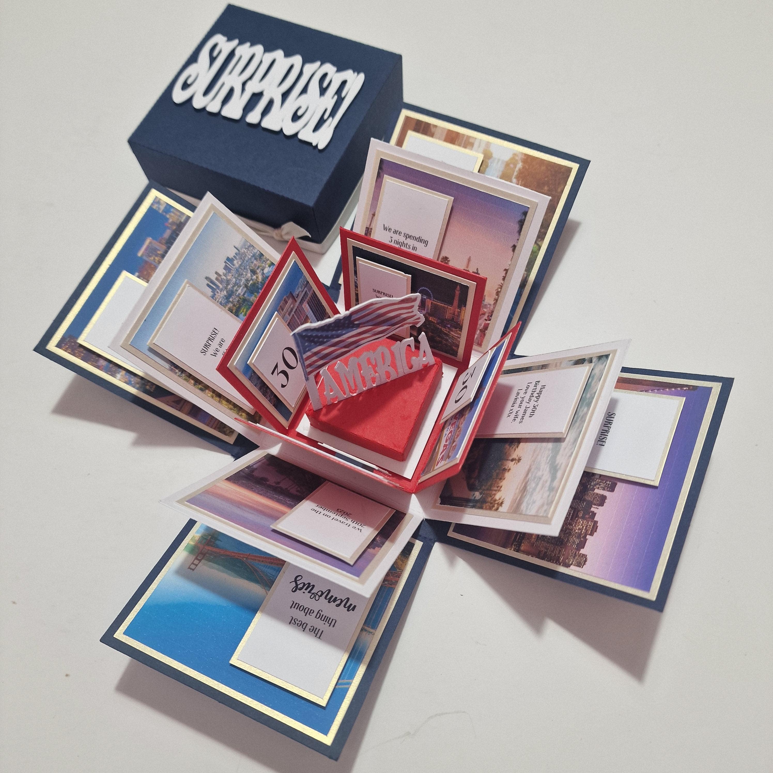 Exploding Occasions Box - Trip Reveal AMERICA, featuring a red box with American flag and photo frame inside, designed for a multi-stop American Road Trip surprise reveal.