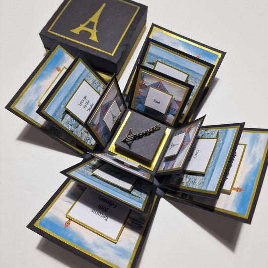 Exploding Occasions Box - Trip Reveal PARIS, featuring a Paris-themed surprise trip box with Eiffel Tower imagery and architectural panels, designed for personalized celebration and gift-giving.