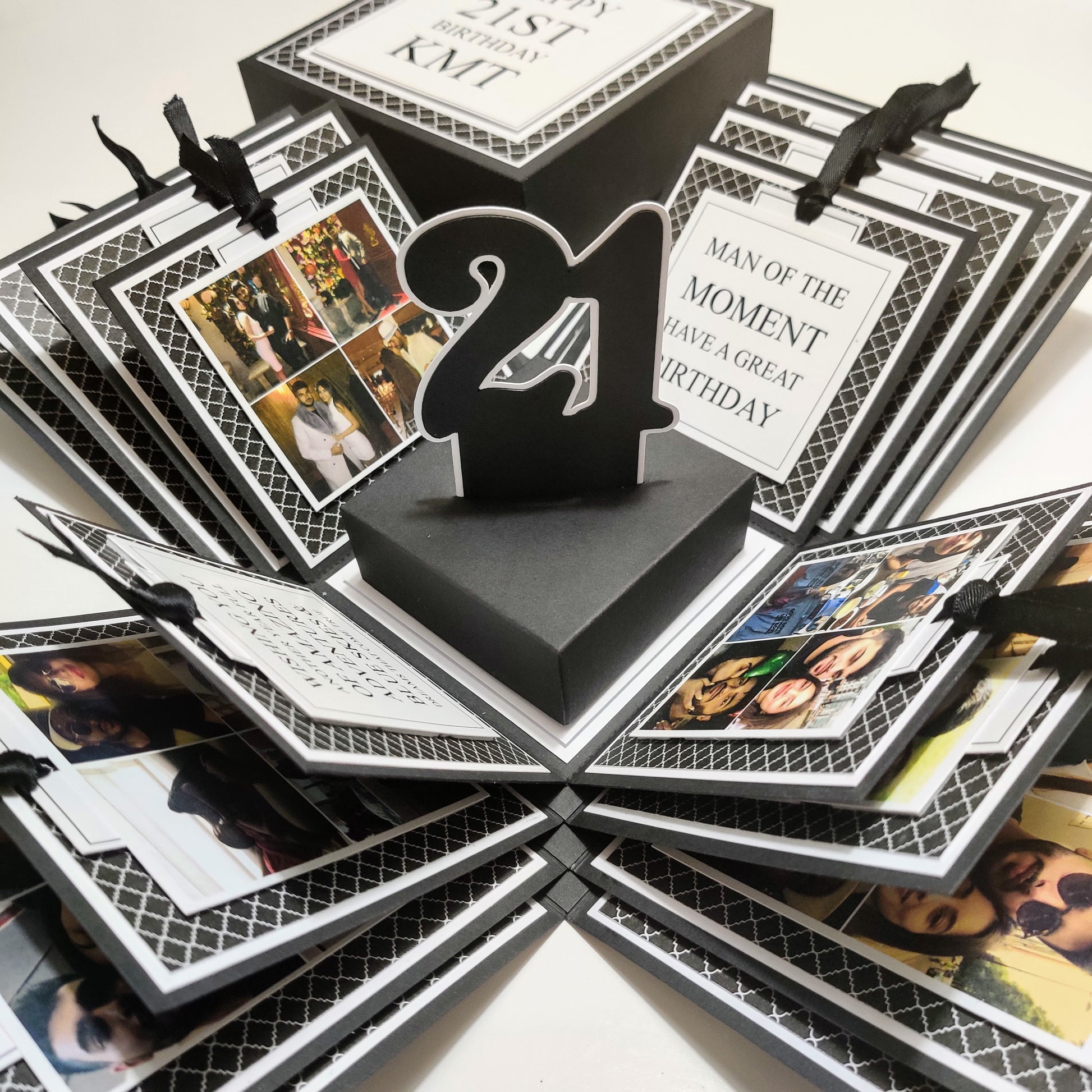 Exploding Memory Photo Box - A Surprise Gift and Keepsake Album Box featuring a monochrome geometric pattern with interactive layers, ribbon-secured photo slots, and a special central compartment for mementoes.