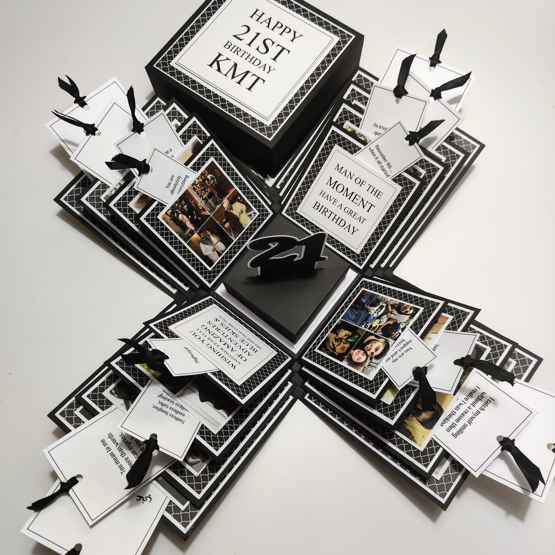 Exploding Memory Photo Box - Surprise Gift - Keepsake Album Box, showcasing a black-and-white retro design with geometric patterns, interactive layers, ribbon-secured photo slots, and a special central compartment.