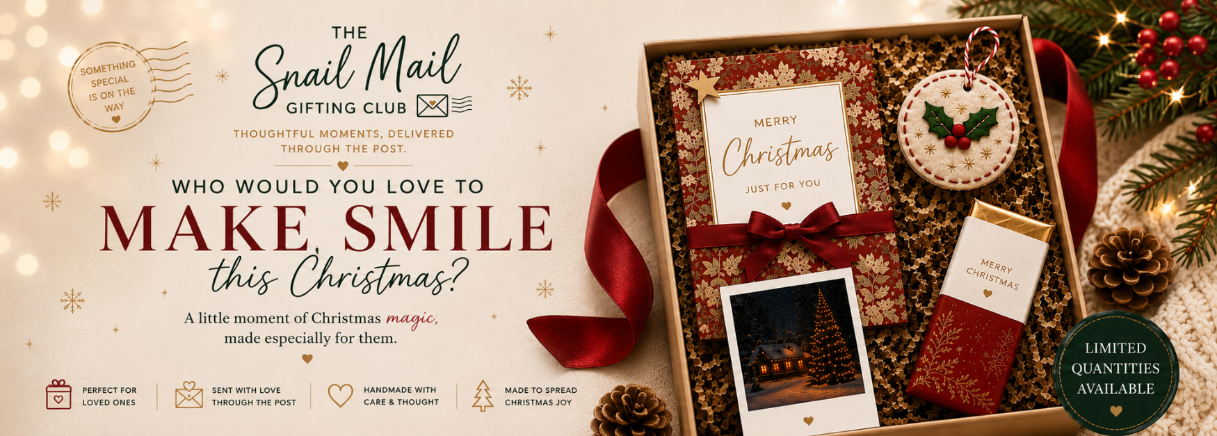 Promotional banner for 'The Snail Mail Gifting Club' featuring a Christmas-themed gift box with a card, ornament, and red ribbon on a warm beige background with holiday decorations.