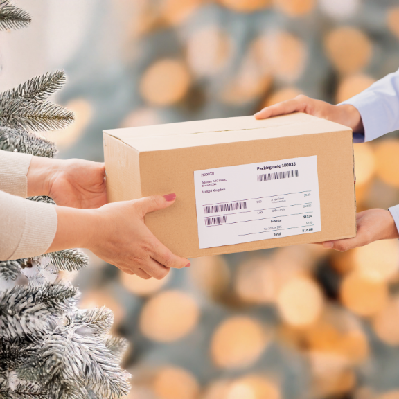 Two hands exchanging a postal package with a Christmas tree in the background