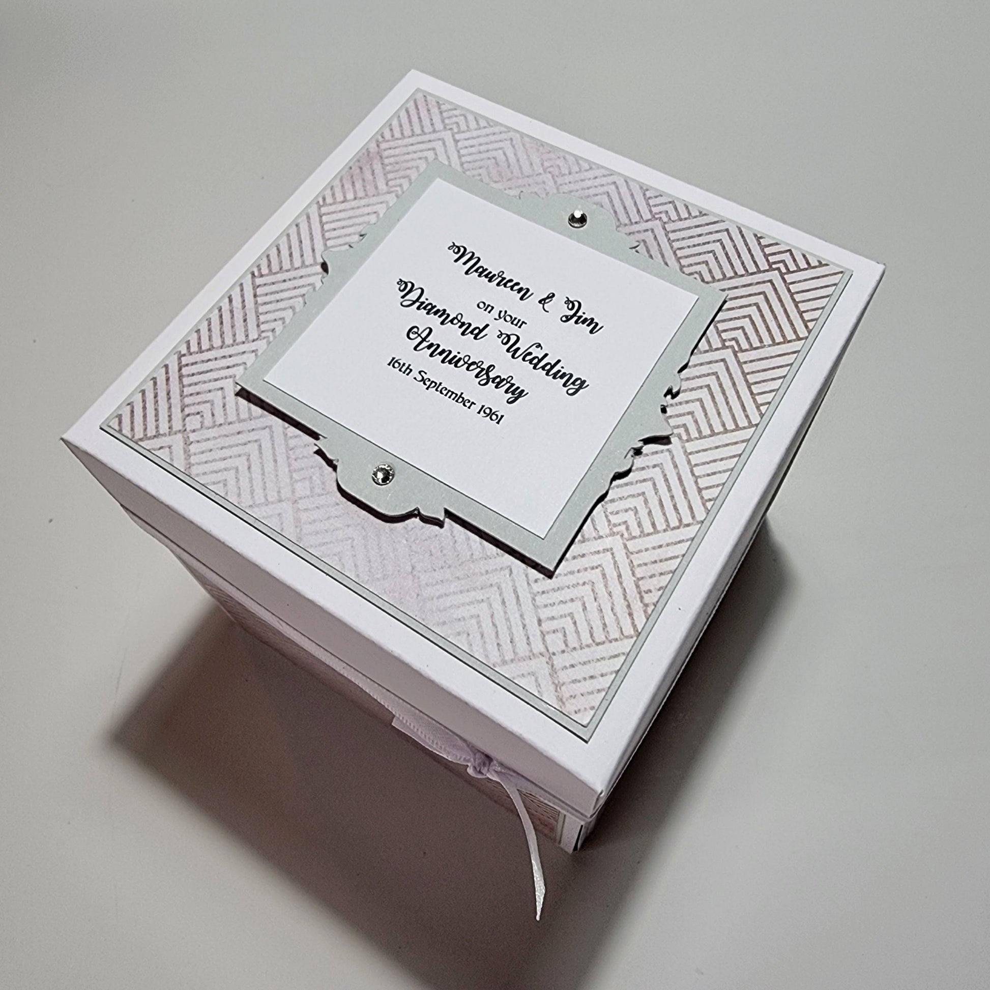 Diamond Wedding Anniversary Exploding Box; a white box with a personalized label, unfolds to reveal sentimental messages and diamond-inspired accents, offering a unique keepsake for celebrating 60 years together.