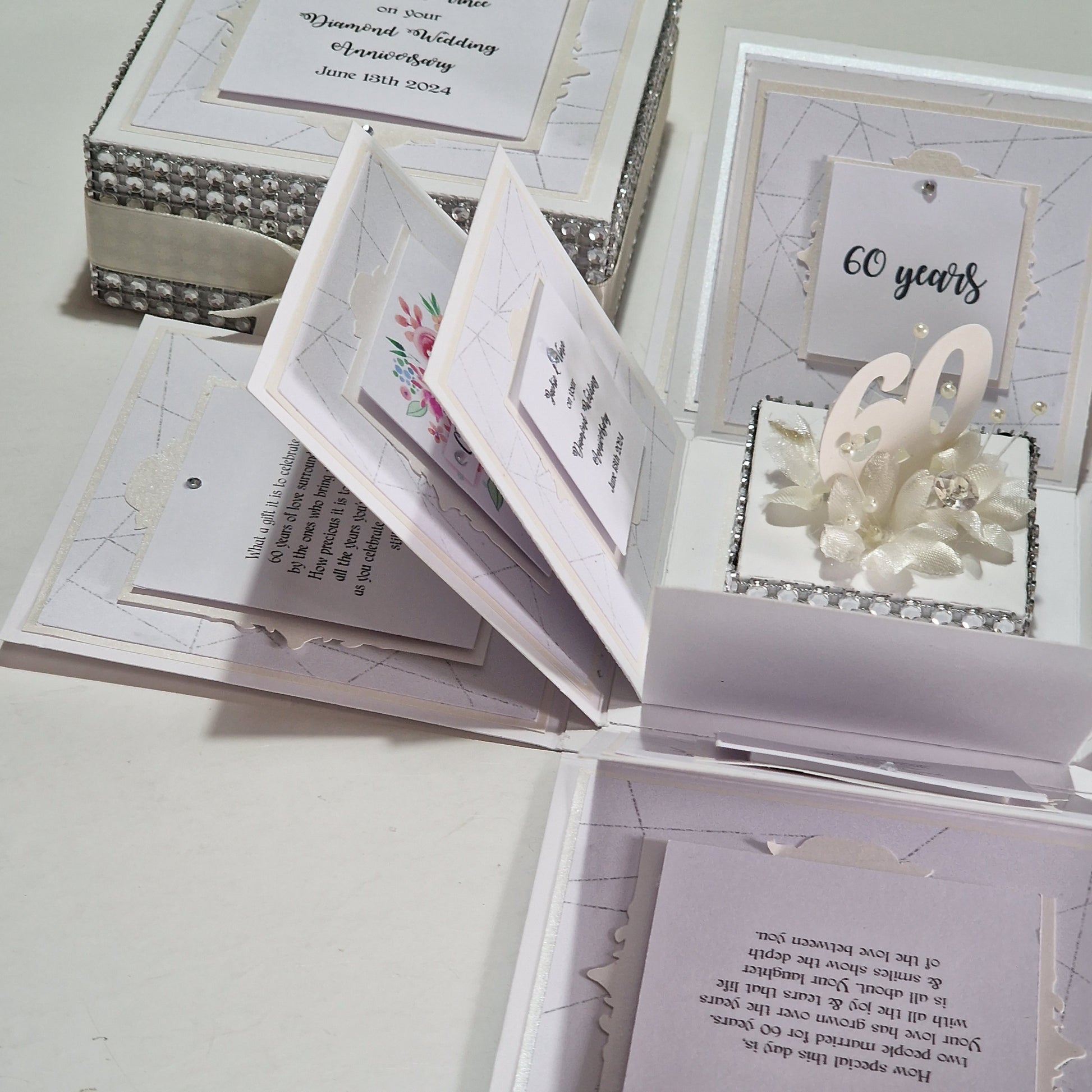 Diamond Wedding Anniversary Exploding Box featuring a card with floral and pearl accents, elegantly crafted in layers for personalized surprises, ideal as a keepsake or alternative anniversary card.