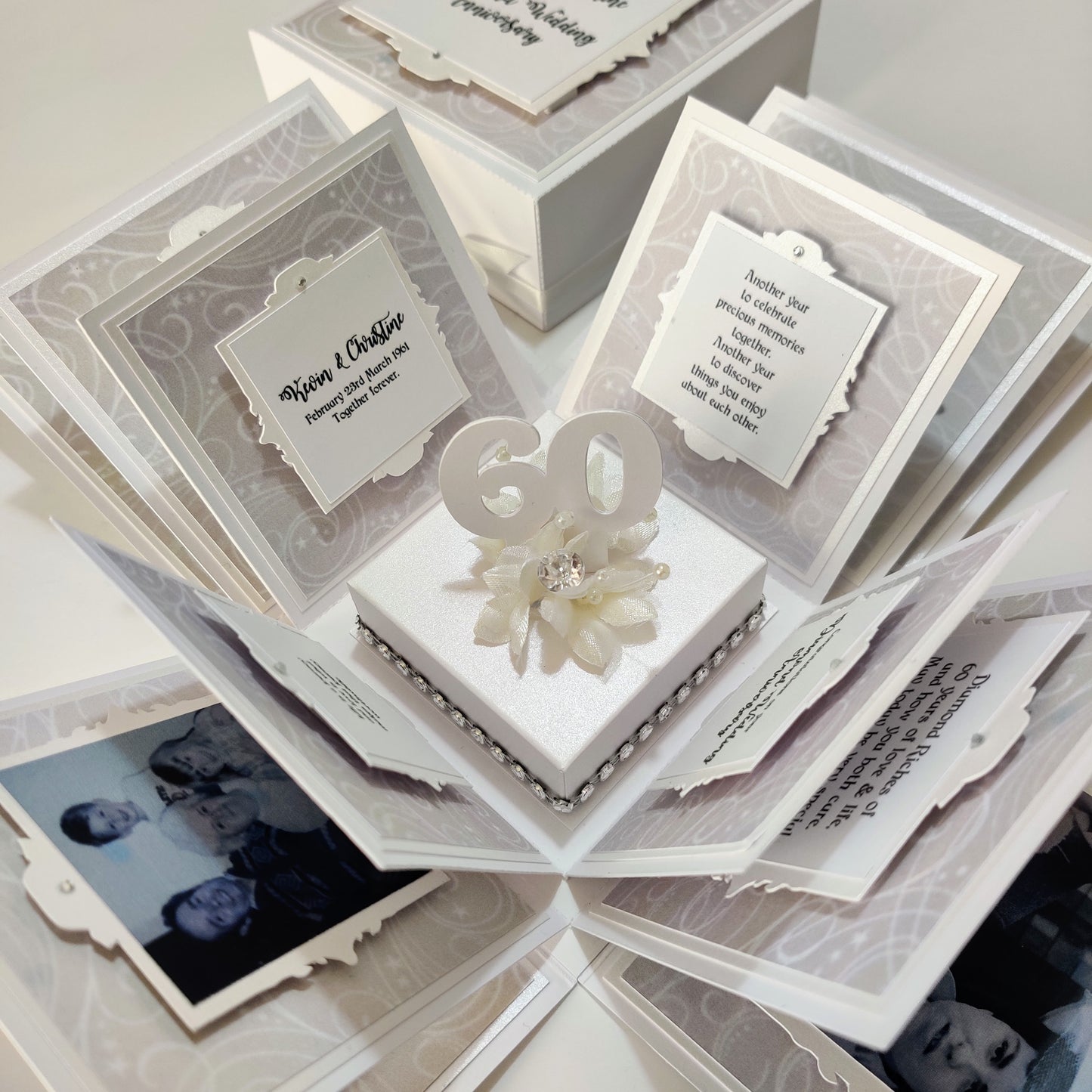 Diamond Wedding Anniversary Exploding Box featuring a white base with personalized photo panels and diamond-inspired accents, crafted from cardstock, perfect for commemorating 60 years of love.