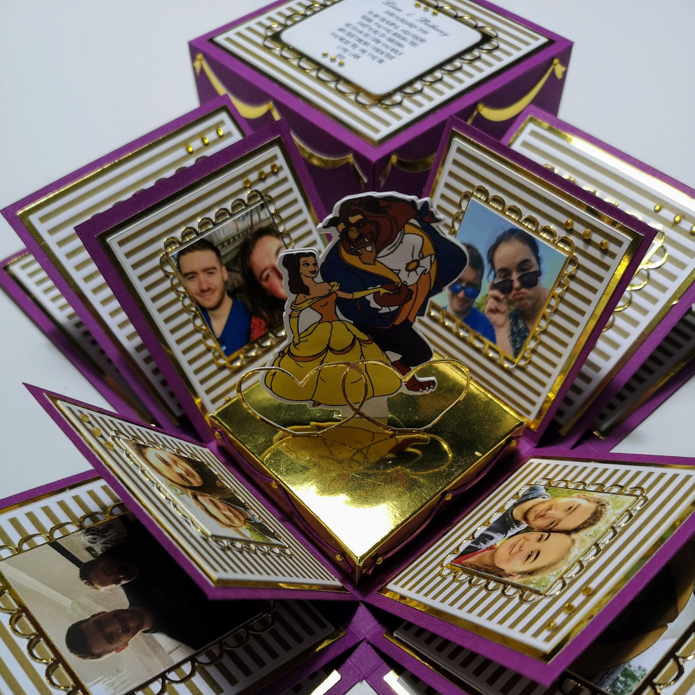 Exploding Memory Photo Box featuring multiple layers, flip albums, and fold-out flaps, designed as a surprise gift and keepsake album. Available in various sizes, customizable for personalization.