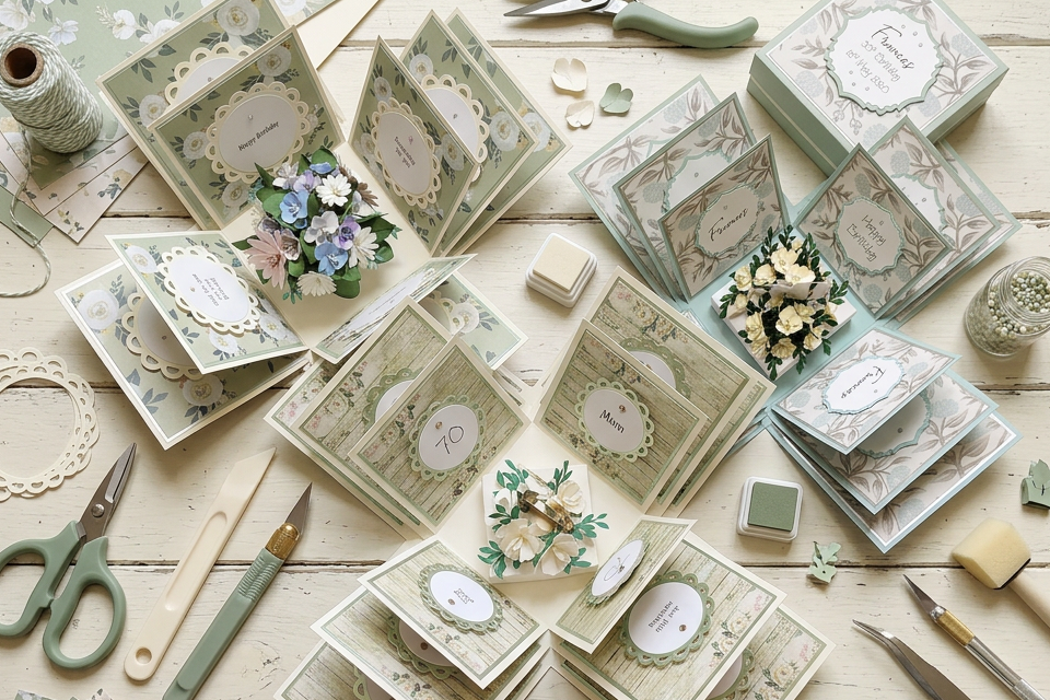 Collection of handmade box cards and stationery items on a wooden surface with tools.