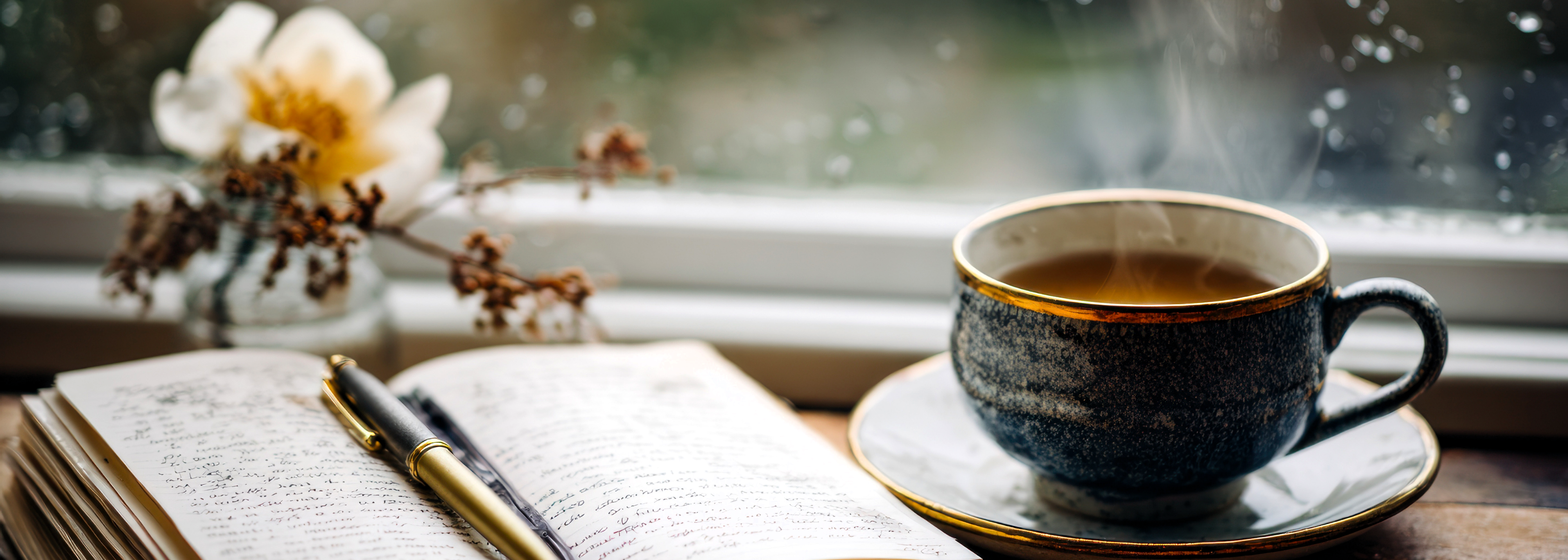 Steaming cup of tea on a saucer next to an open book with a pen, with a rainy window background.