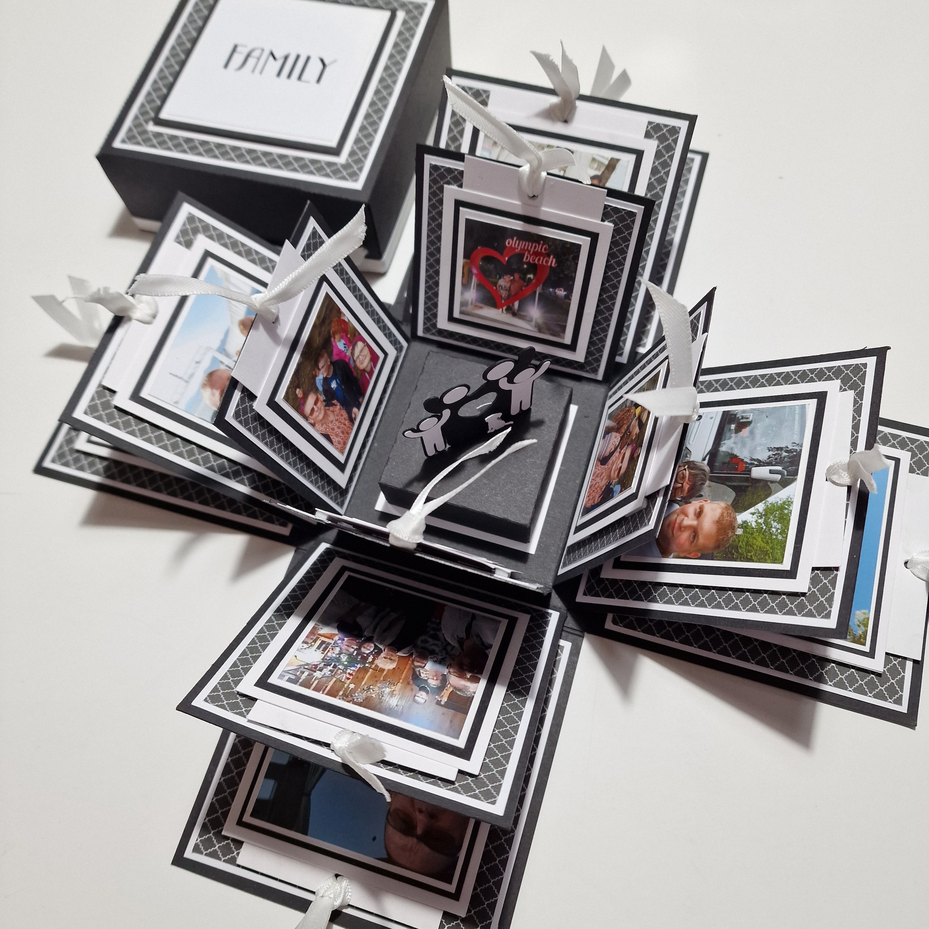 Exploding Memory Photo Box showcasing a multi-layered design with flip albums and pockets. Appears as an intricate keepsake, ideal for personal photos, customizable in various sizes for a surprising gift experience.
