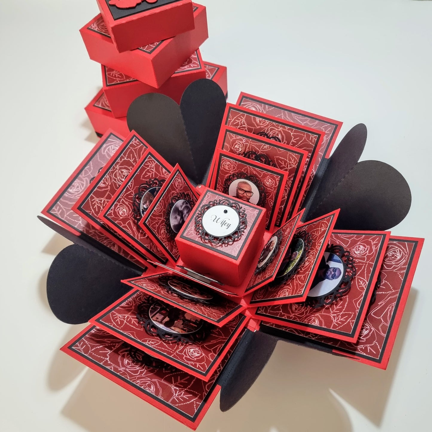 Red and Black Hearts and Roses Proposal Ring and photo box multiple layers