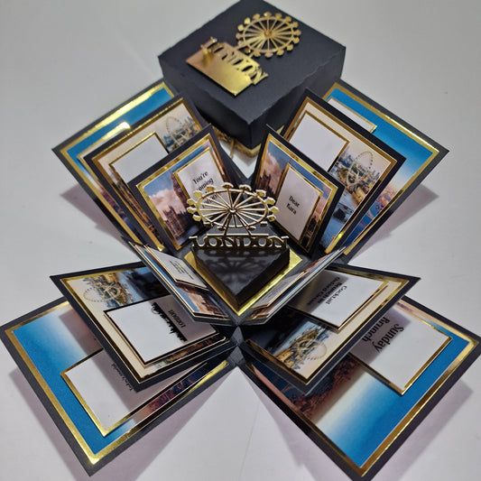 Exploding Occasions Box - Trip Reveal LONDON, featuring a paper box showcasing the London Eye. The intricate design includes iconic London landmarks and details for a personalized surprise trip experience.