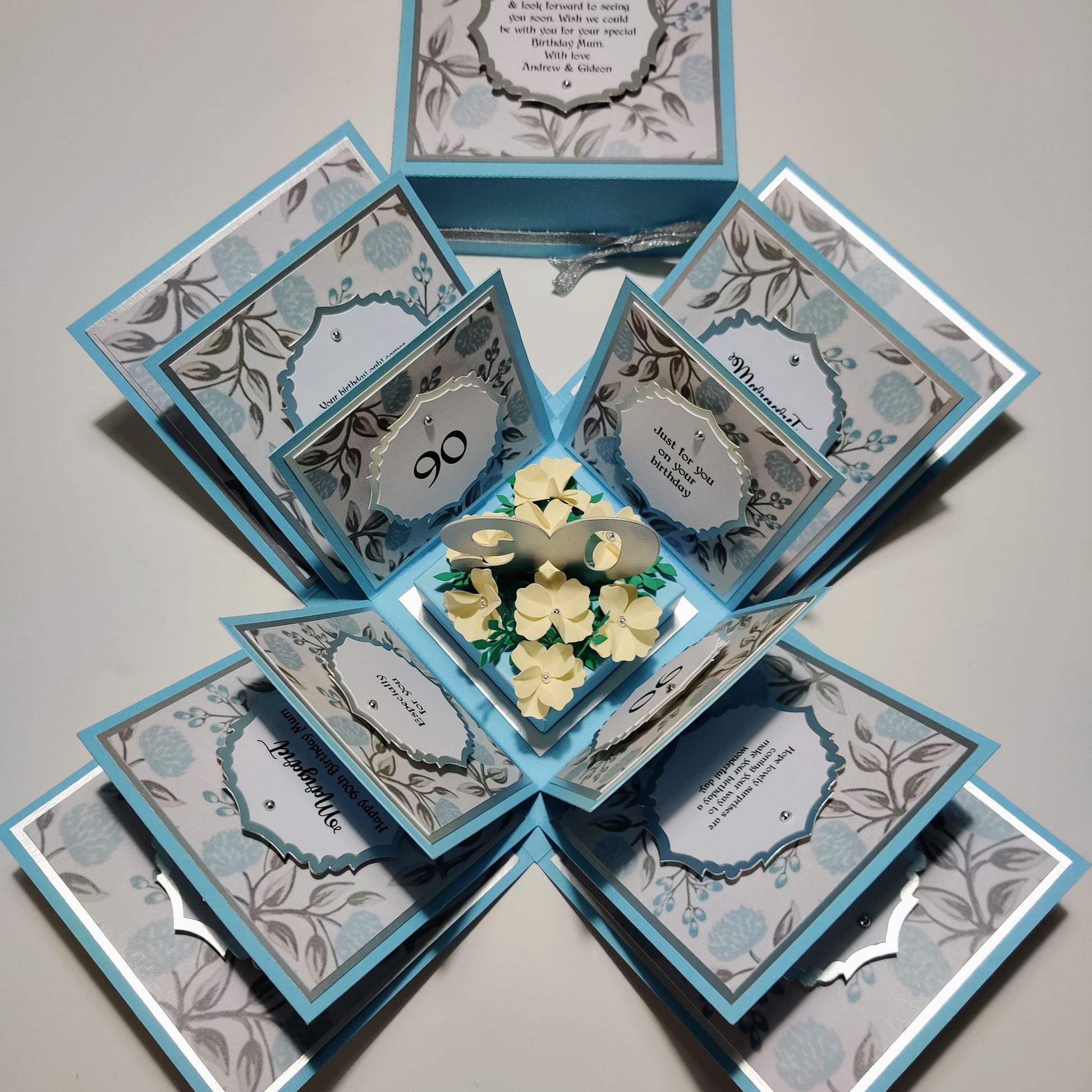 Pastel Blue Florals Birthday Celebration Pop-Open Box Card featuring intricate floral patterns, with compartments designed to hold up to four photos, intended for special birthday moments and celebrations.