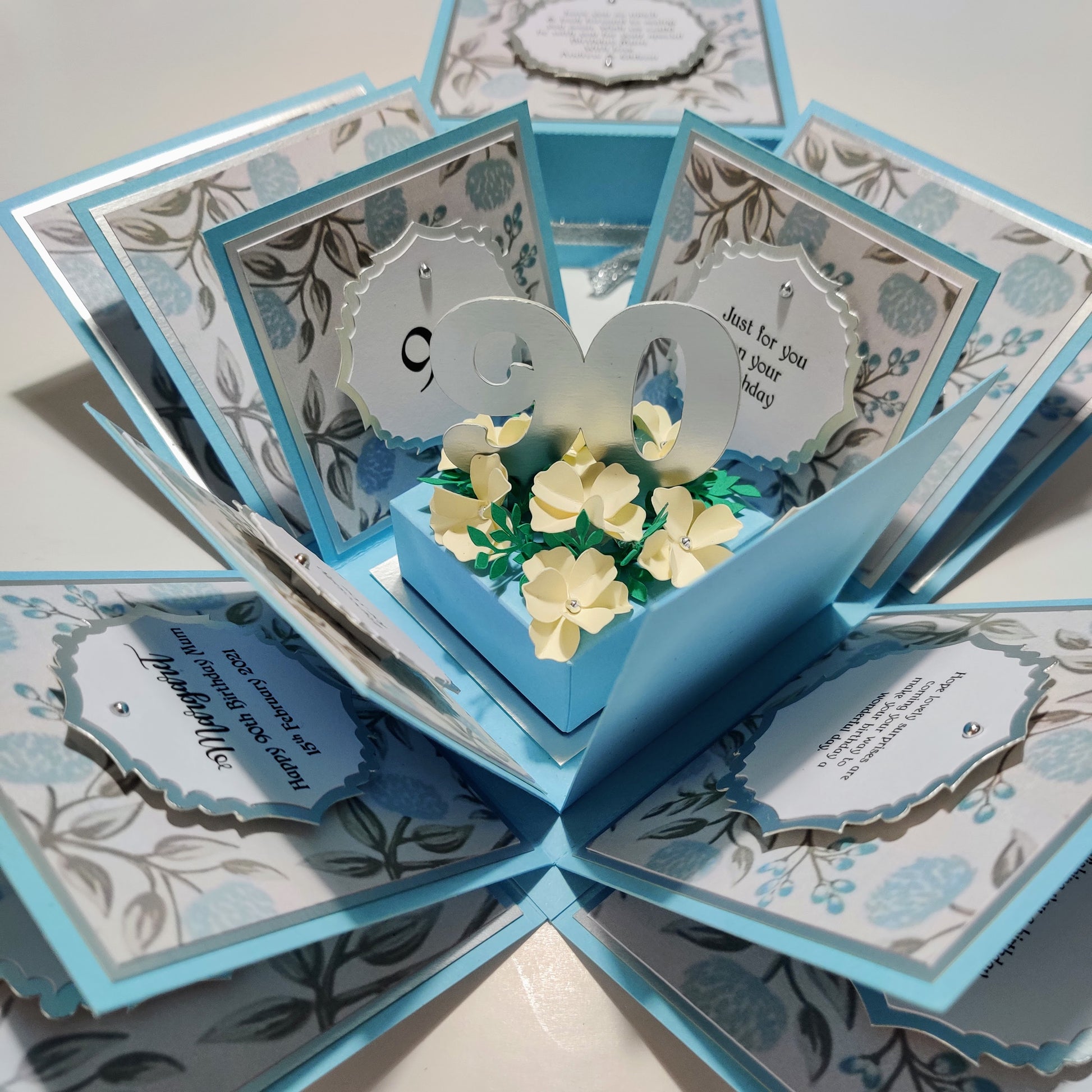 Pastel Blue Florals Birthday Celebration Pop-Open Box Card featuring a charming floral design, ideal for adding a surprise element to any birthday celebration with its unique pop-open feature.