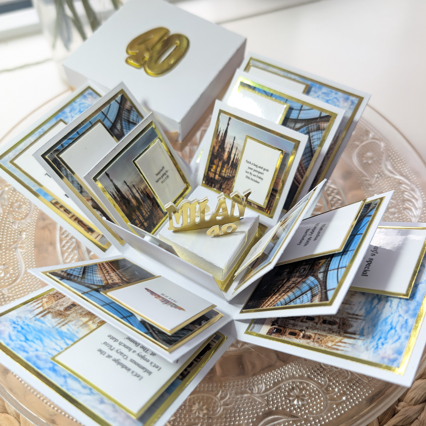 New York - Silver Grey Graffiti Styled - Surprise Special Occasion | Celebration Trip Reveal Explosion Box, featuring subway tile and graffiti panels, with a central 3D “MILAN 40” topper and gilt-edged Milan photos.