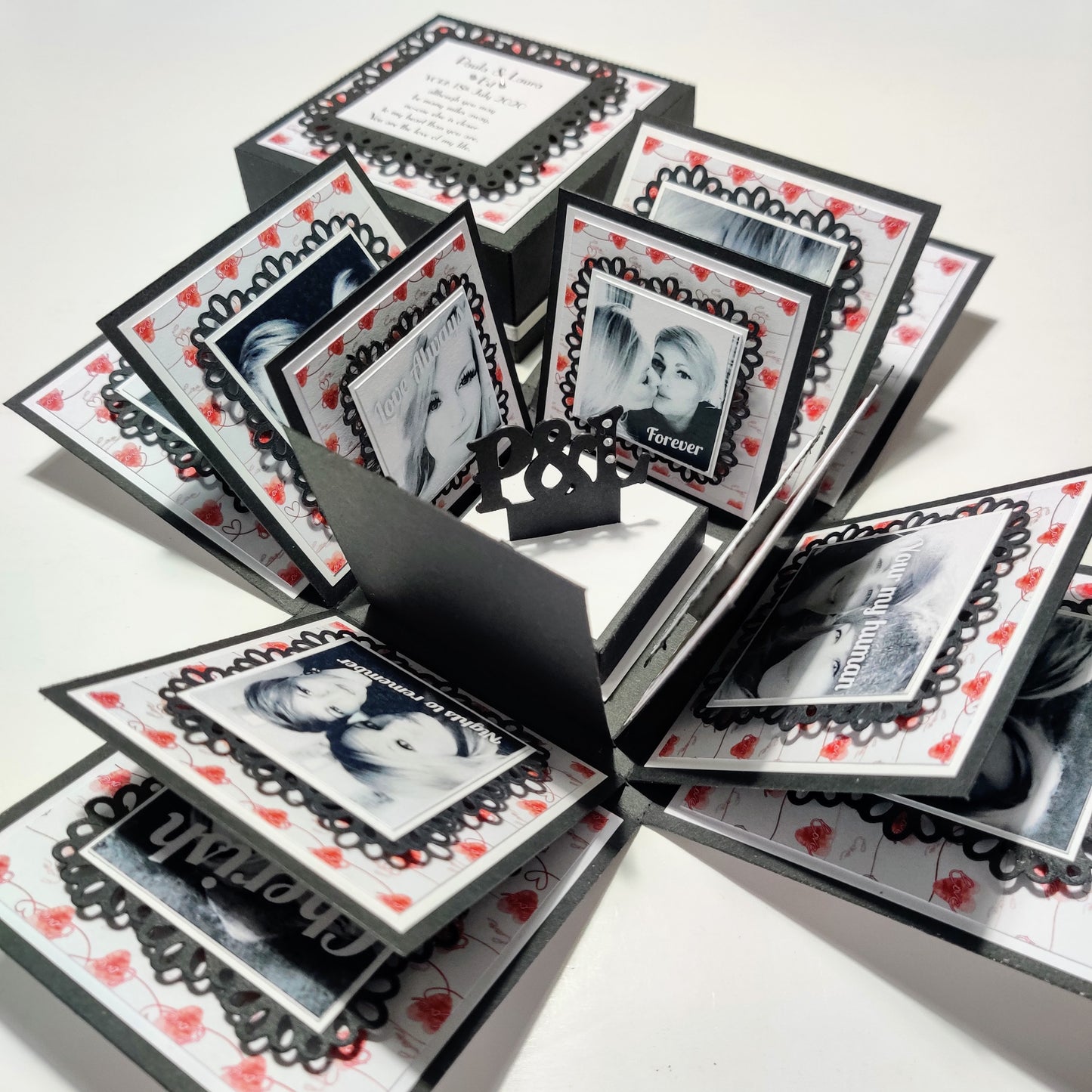 Exploding Memory Photo Box - Surprise Gift - Keepsake Album Box featuring multiple layers with flip albums, pockets, and fold-out flaps, designed for personalized photo storage and gifting.