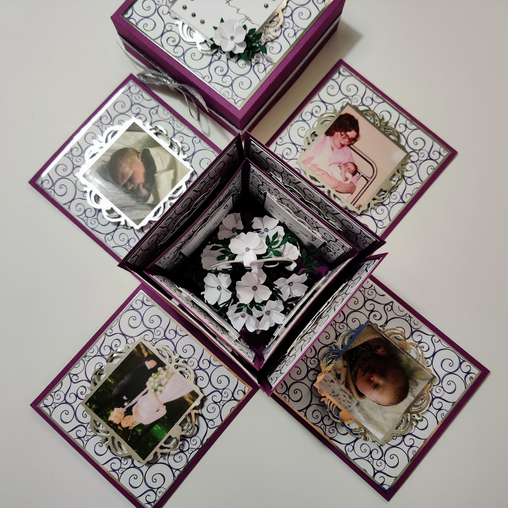 Exploding Memory Photo Box - Purple with Silver Swirls; customizable, holds up to 80 photos, available in various sizes. Personalize with chosen design, center feature options include a gift box or photo cube.