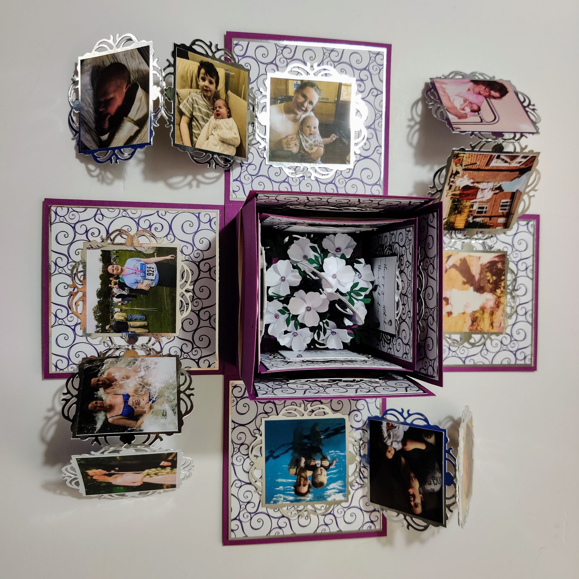 Exploding Memory Photo Box - Purple with Silver Swirls, customizable for various photo capacities, showcasing intricate design options and personalization, ideal for preserving cherished memories in a visually stunning keepsake.
