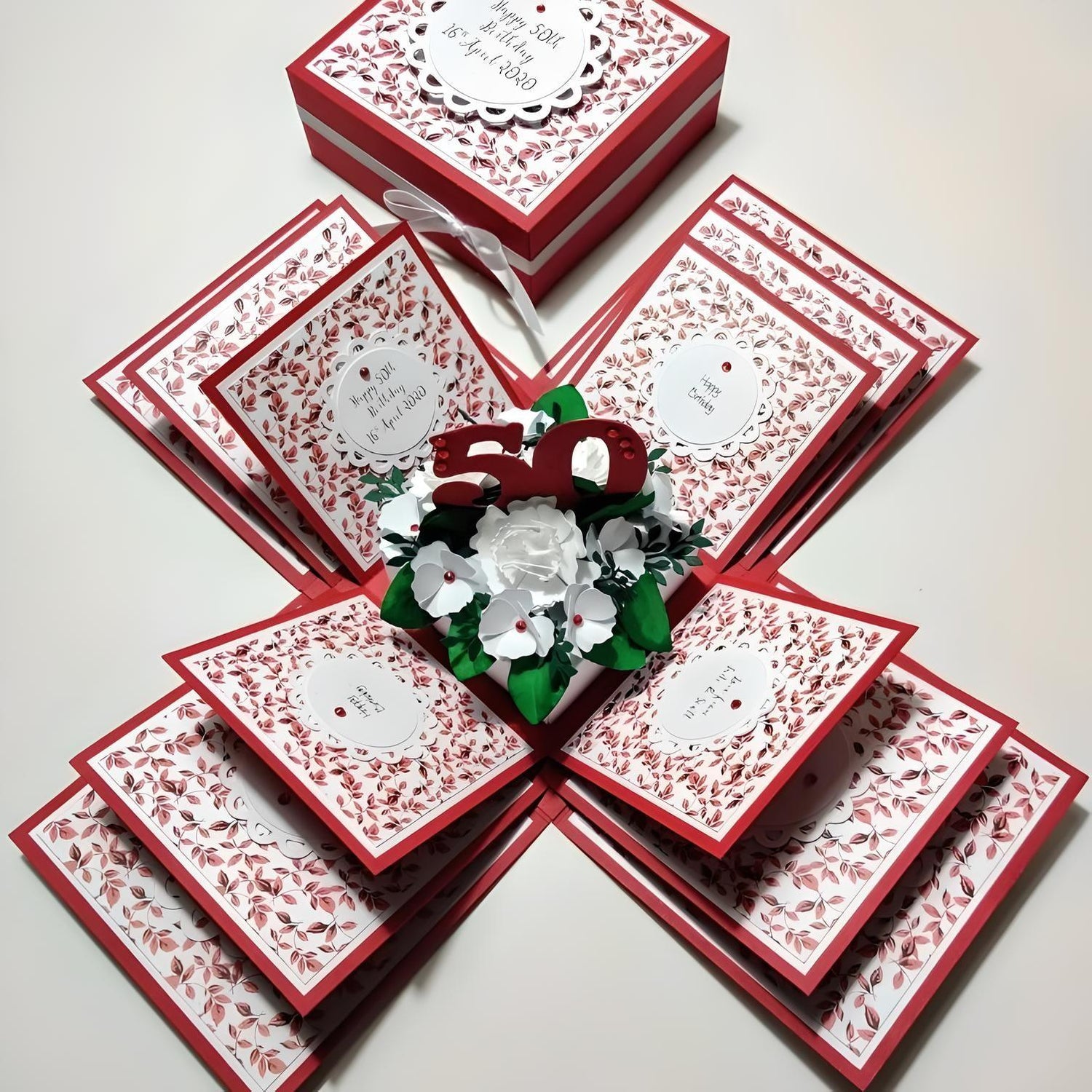 Red Exploding Birthday Box card with white accents and red leaf panels.