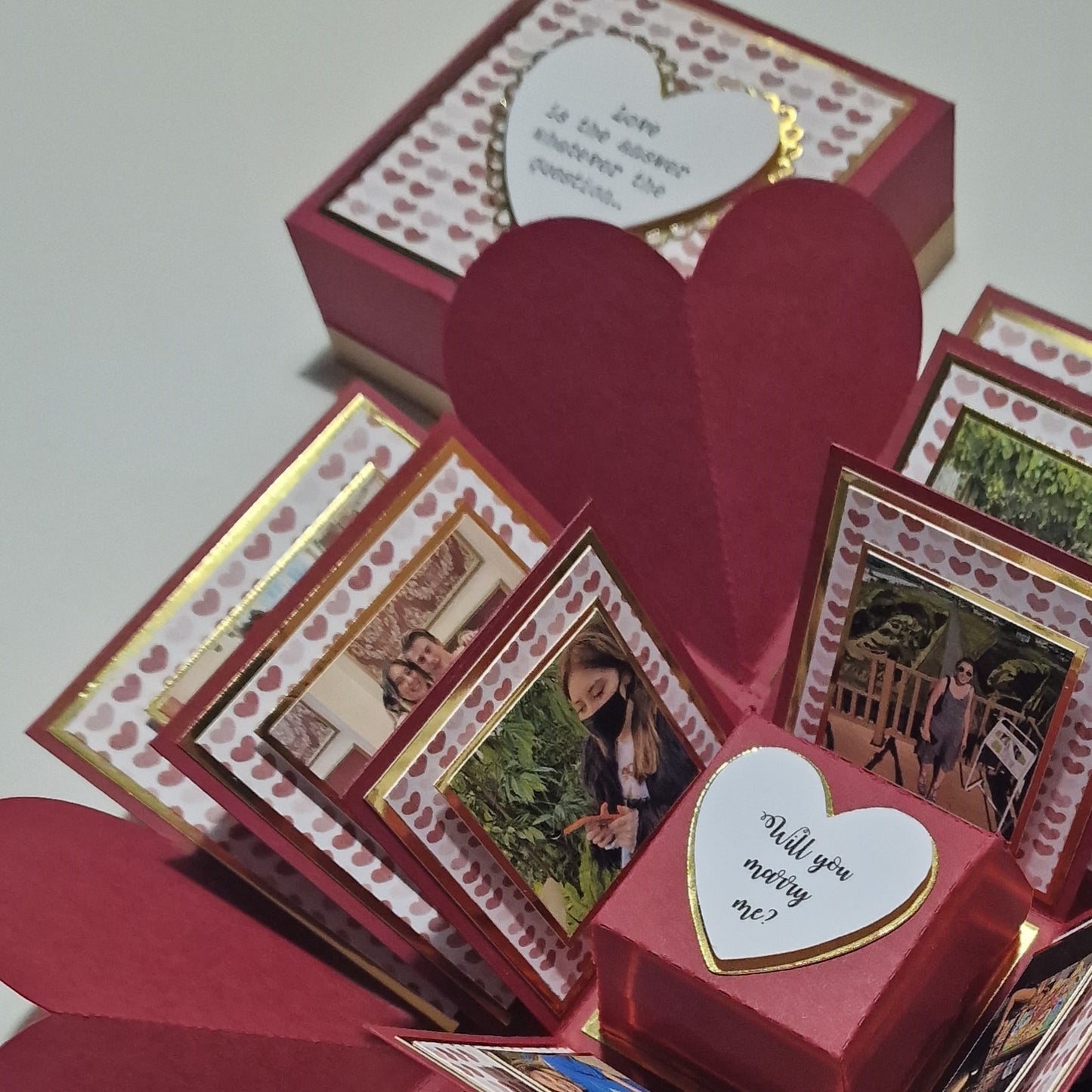 Red Wine & Gold Hearts Proposal Ring Box. Photo box