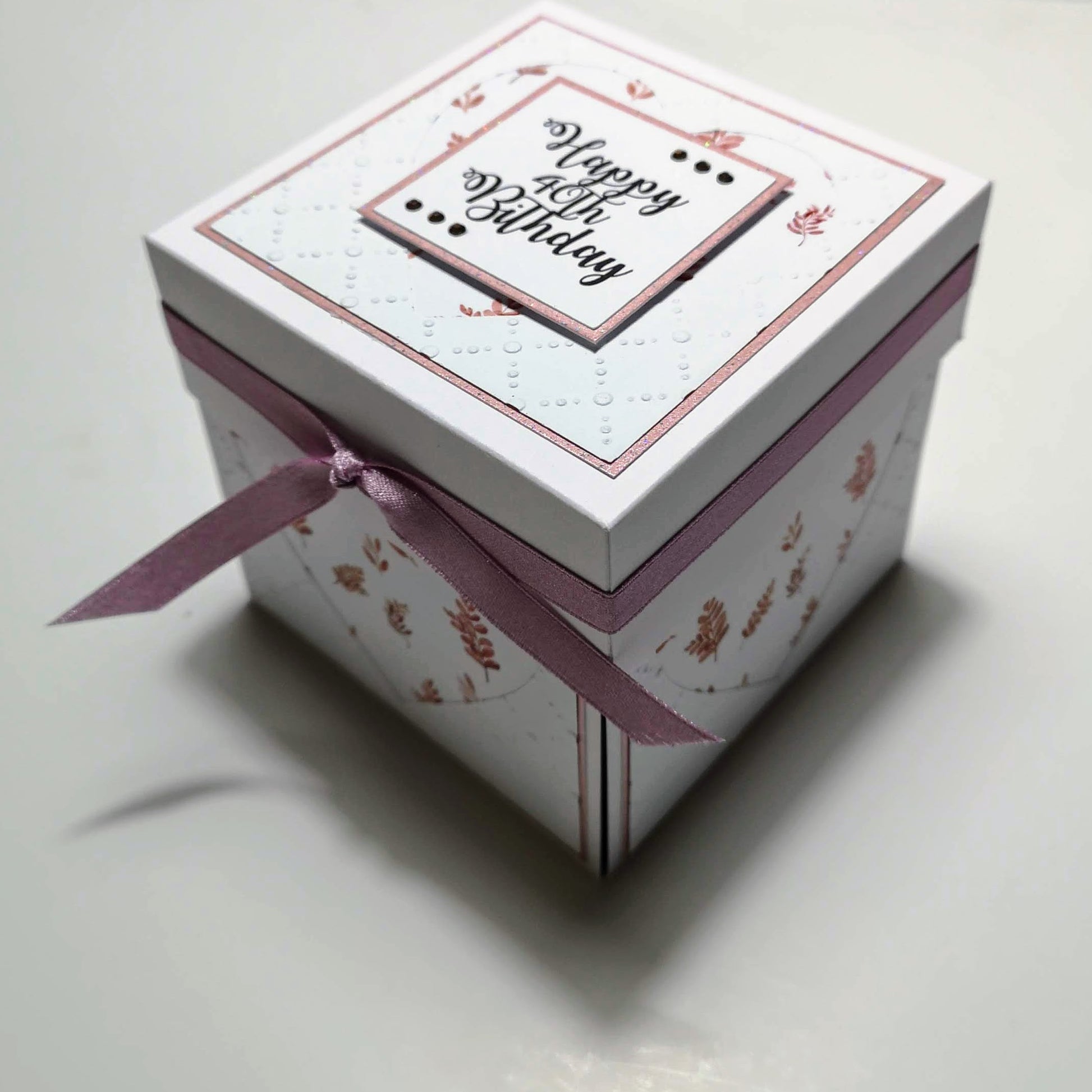 Exploding Memory Photo Box - Blush Pink Autumn Fall, showcasing layered panels with photo frames and a 3D pop-up 40, adorned with autumnal leaves, satin ribbon, and tiny decorative accents.