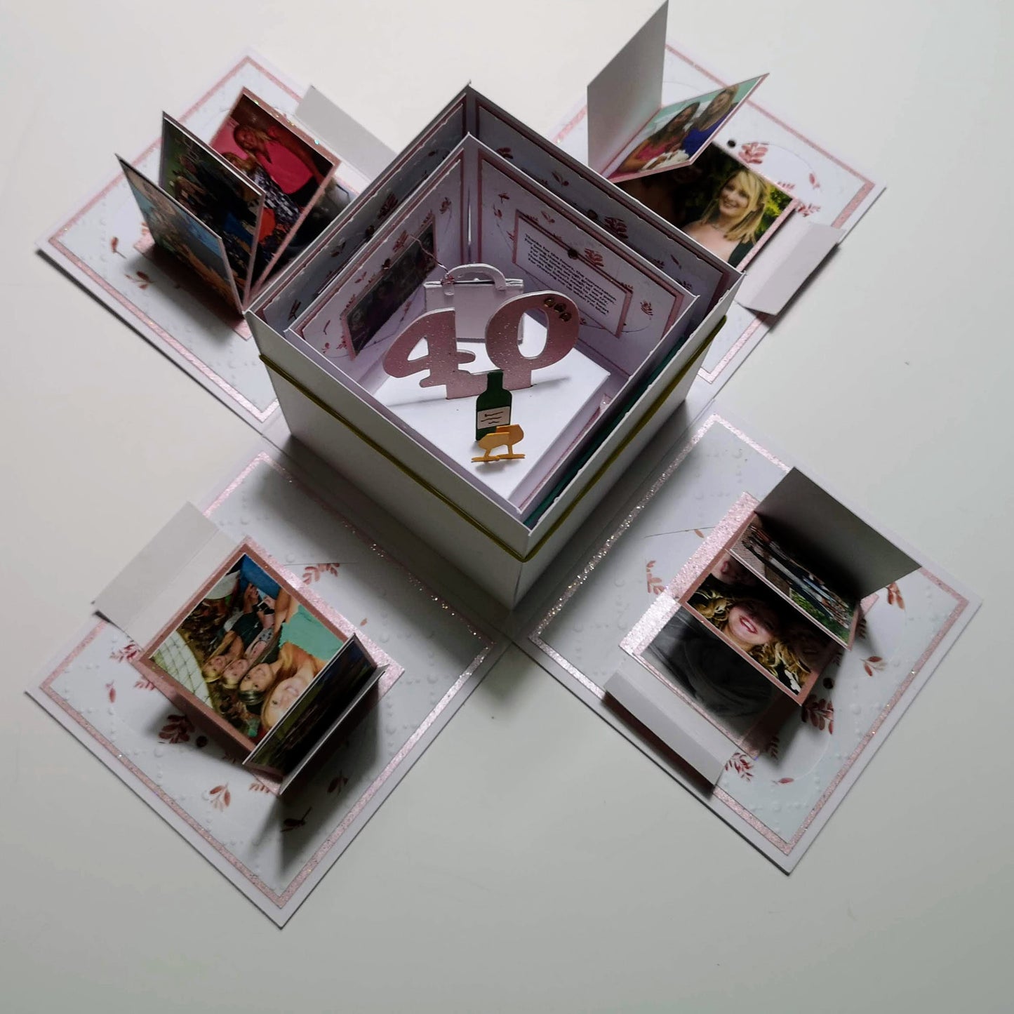 Exploding Memory Photo Box - Blush Pink Autumn Fall, adorned with autumnal leaves, untying the ribbon reveals layered panels for photos, messages, and a 3D 40 centerpiece, ideal for milestone celebrations.
