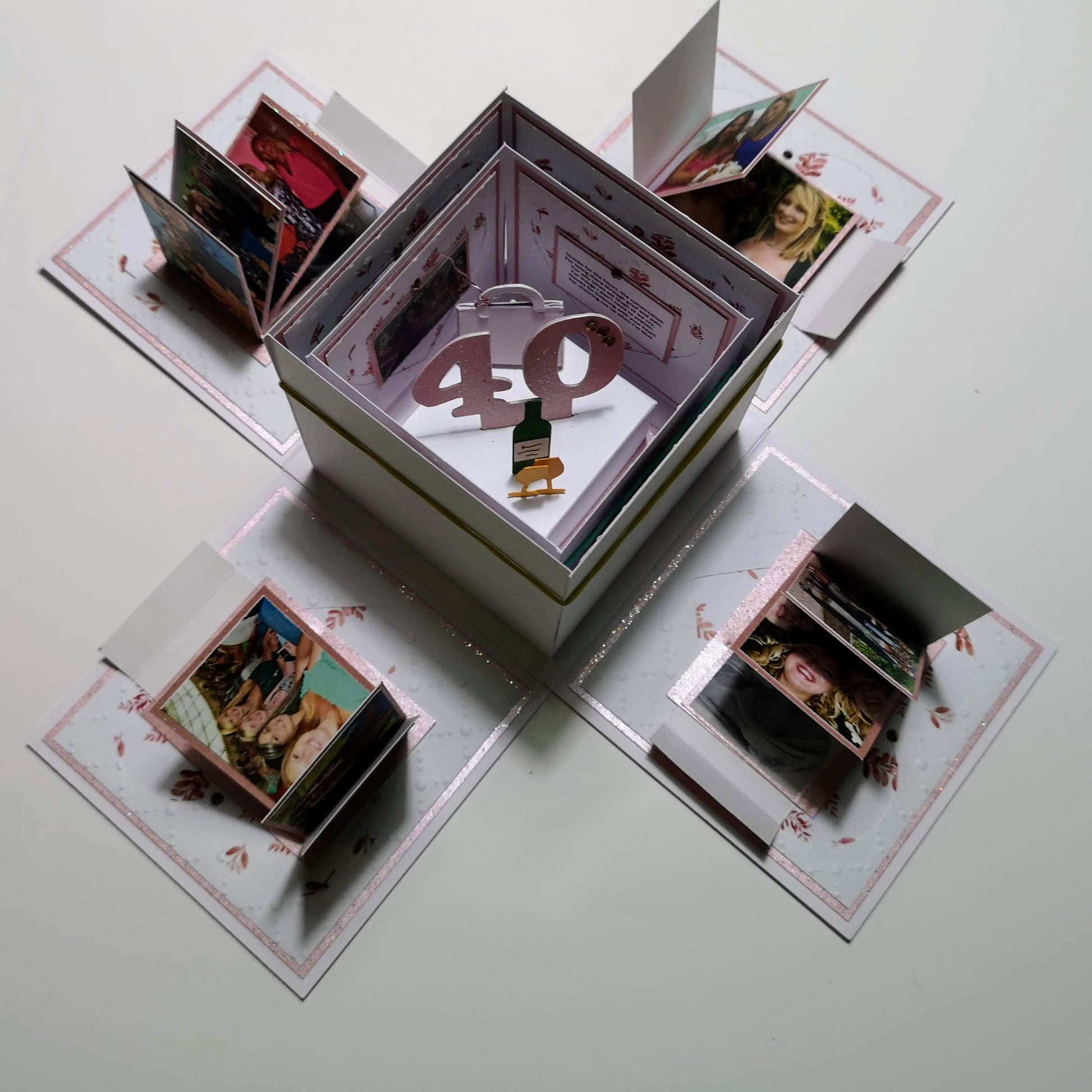 Exploding Memory Photo Box - Blush Pink Autumn Fall, adorned with autumnal leaves, untying the ribbon reveals layered panels for photos, messages, and a 3D 40 centerpiece, ideal for milestone celebrations.