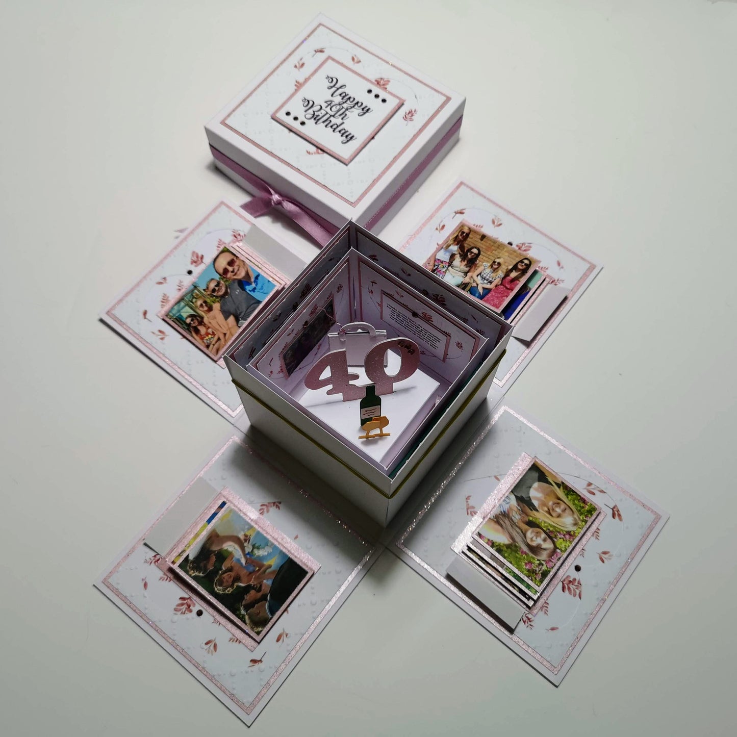 Exploding Memory Photo Box - Blush Pink Autumn Fall, elegantly crafted with layered panels, a 3D pop-up centerpiece displaying 40, and adorned with autumnal leaf accents, perfect for celebrating milestone memories.