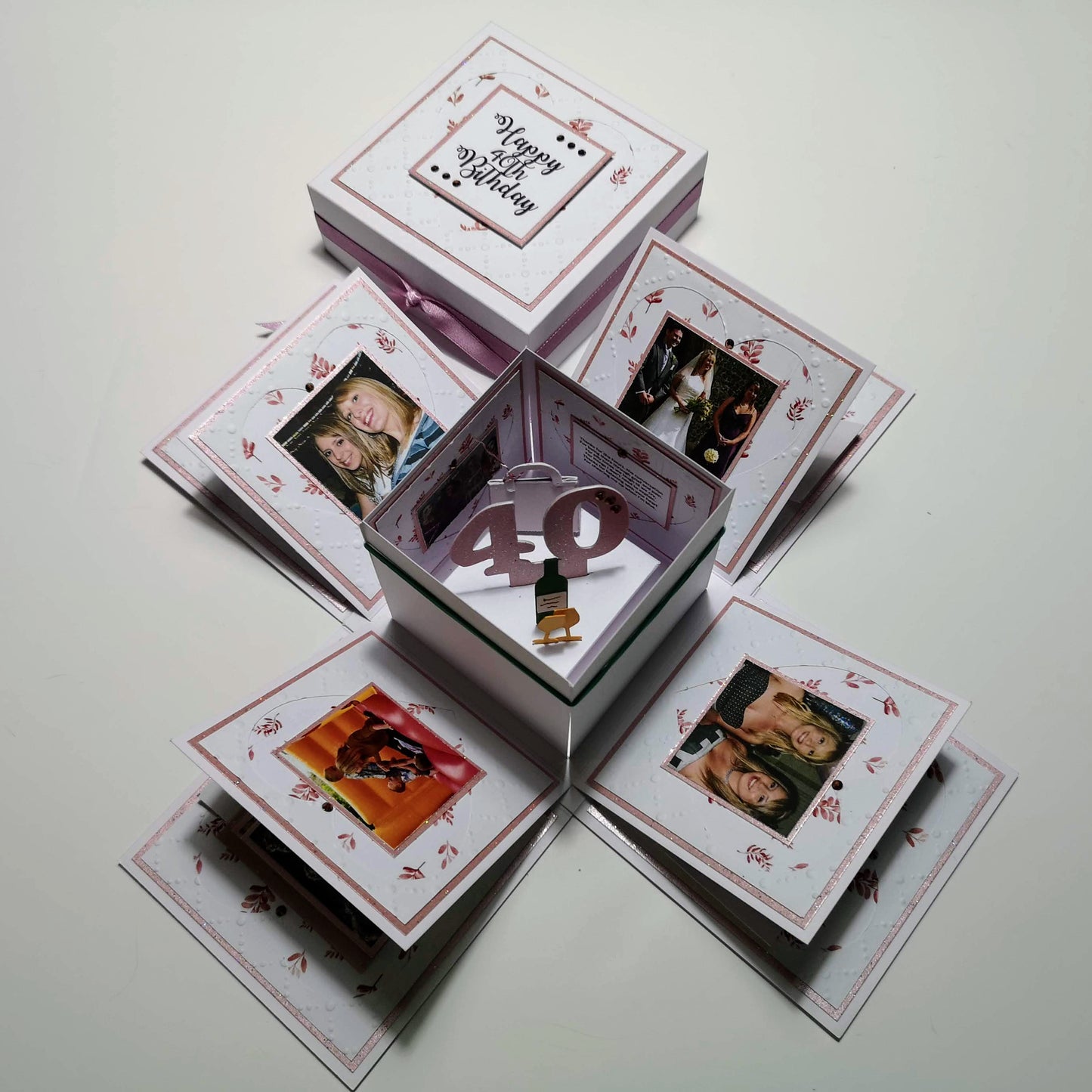 Exploding Memory Photo Box - Blush Pink Autumn Fall: A white and blush pink box with autumn leaf designs, featuring fold-out panels for photos, a 3D 40 centrepiece, and a satin ribbon.