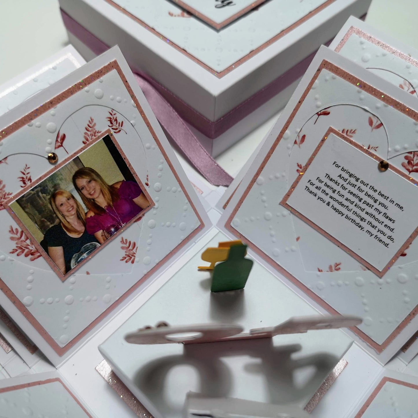 Exploding Memory Photo Box - Blush Pink Autumn Fall, featuring autumnal leaf design, opens to reveal layered photo panels and a 3D pop-up 40 centerpiece, adorned with a satin ribbon.