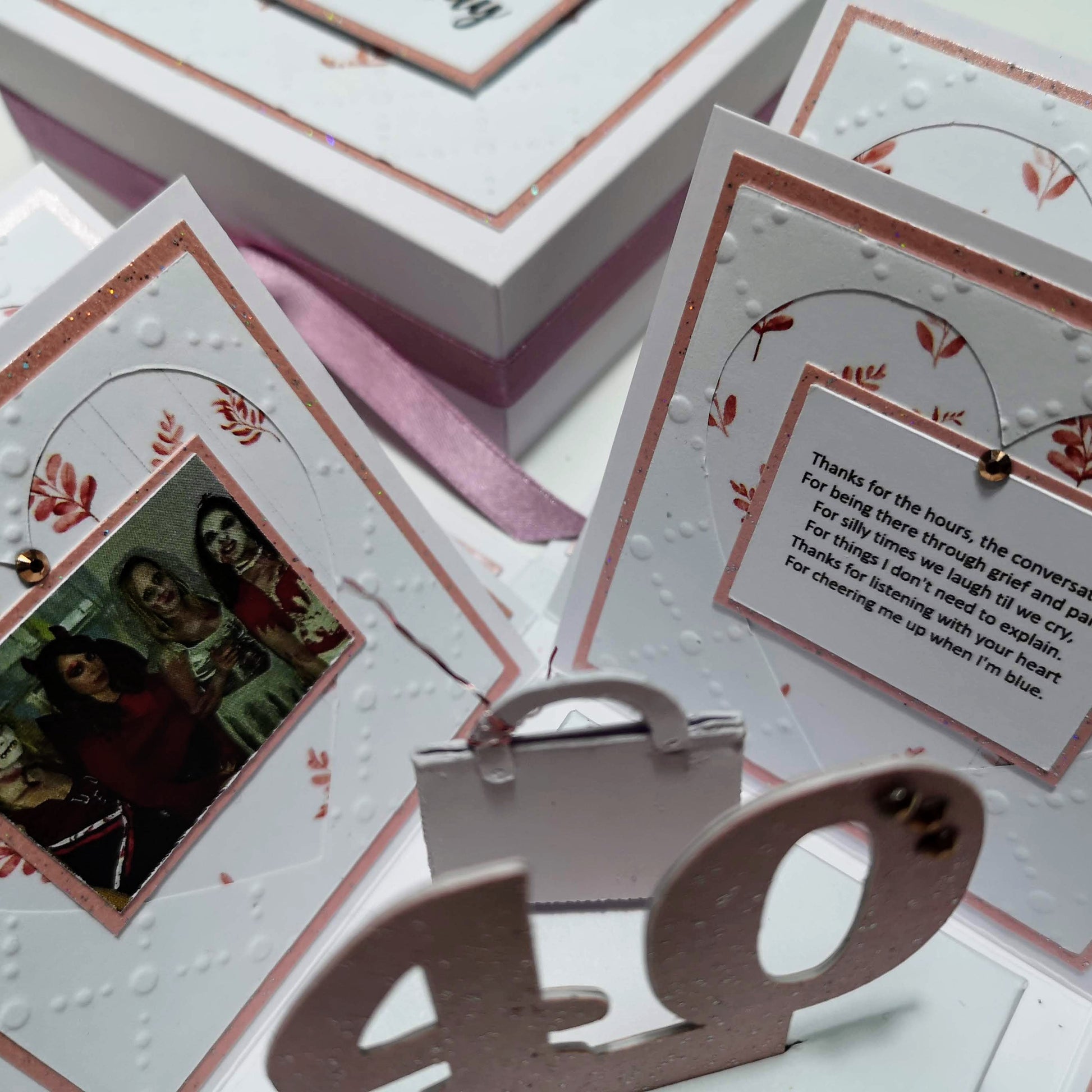Exploding Memory Photo Box - Blush Pink Autumn Fall, showcasing layered panels for photos and messages, a 3D 40 centerpiece, and adorned with autumnal leaf motifs, creating an interactive keepsake experience.