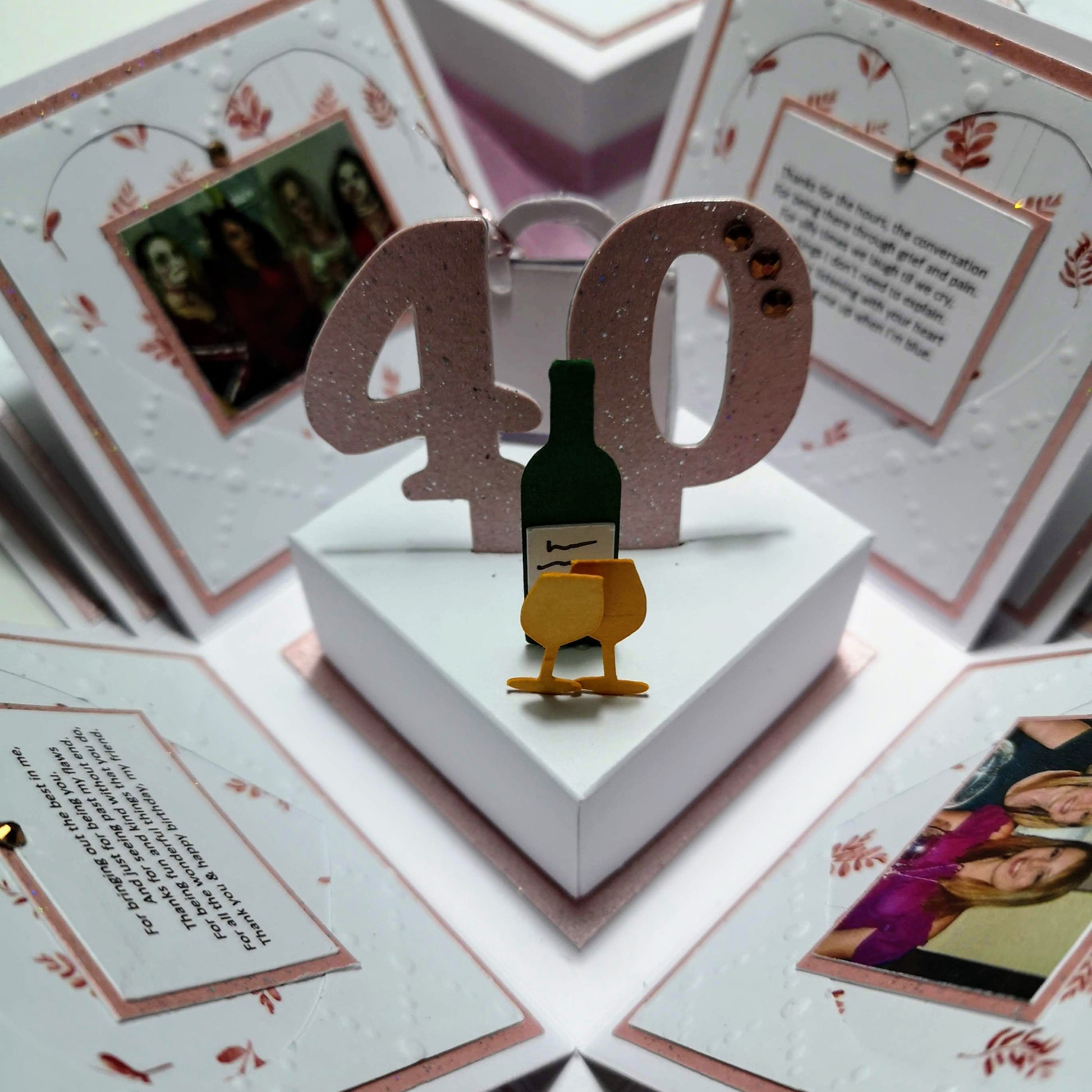 Exploding Memory Photo Box - Blush Pink Autumn Fall, adorned with autumnal leaves, opens to reveal layered panels for photos and messages, featuring a 3D 40 centerpiece.