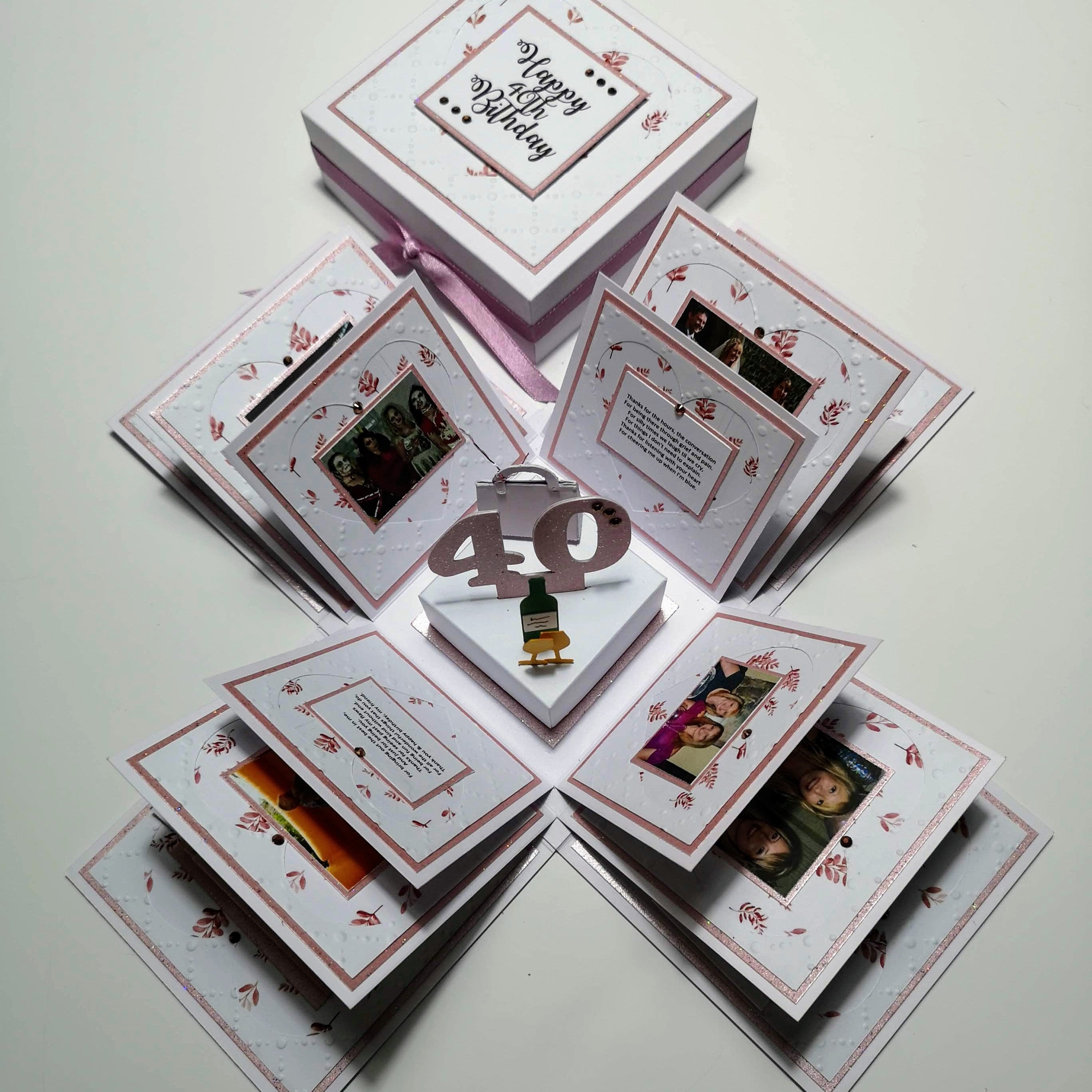 Exploding Memory Photo Box, a multi-layered keepsake album with flip albums and fold-out flaps, holds up to 80 photos. Ideal for personalized gifts or surprises, available in various sizes.